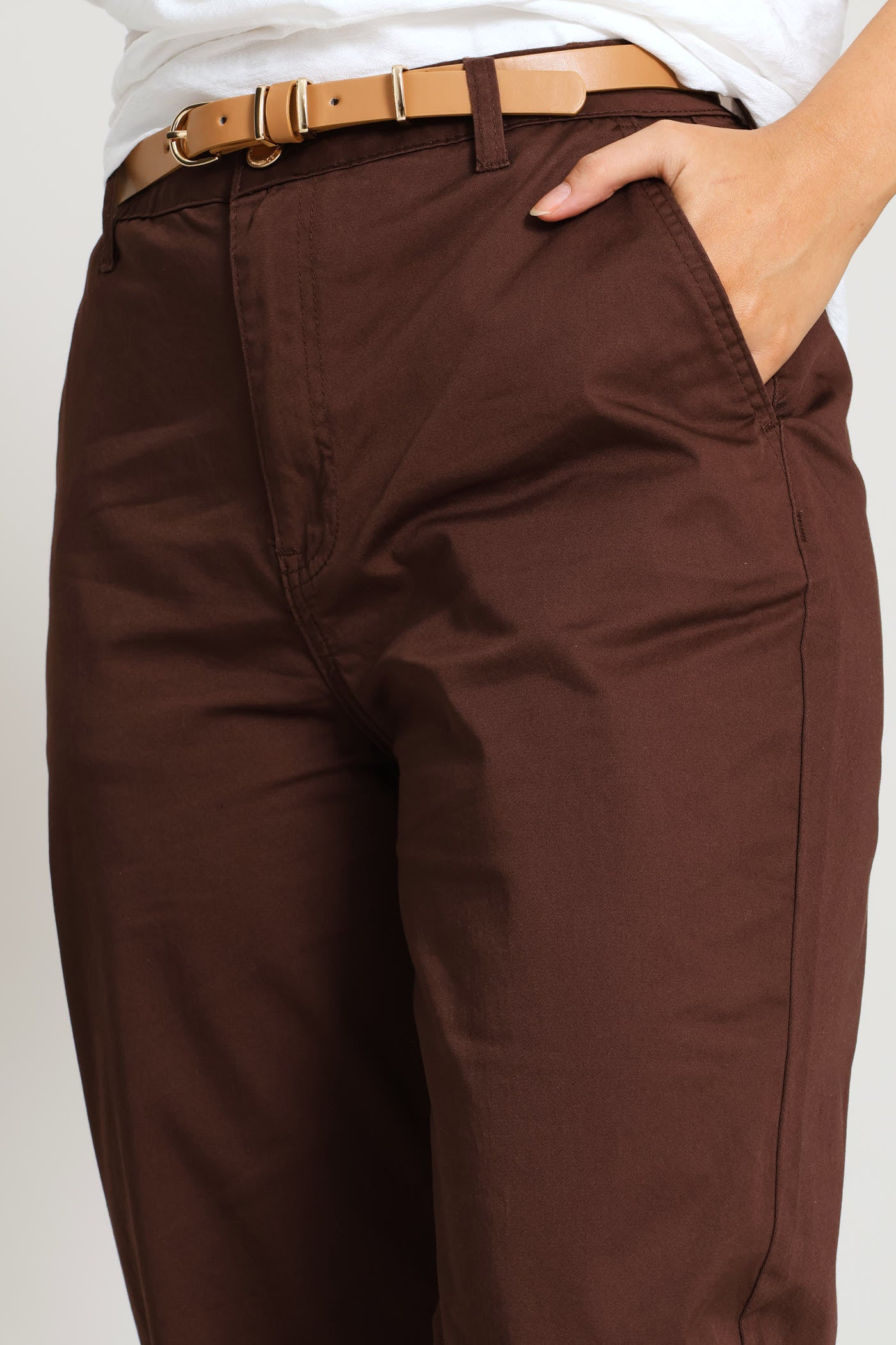 Belted Sateen Straight Leg Chino - Coffee - Image 4