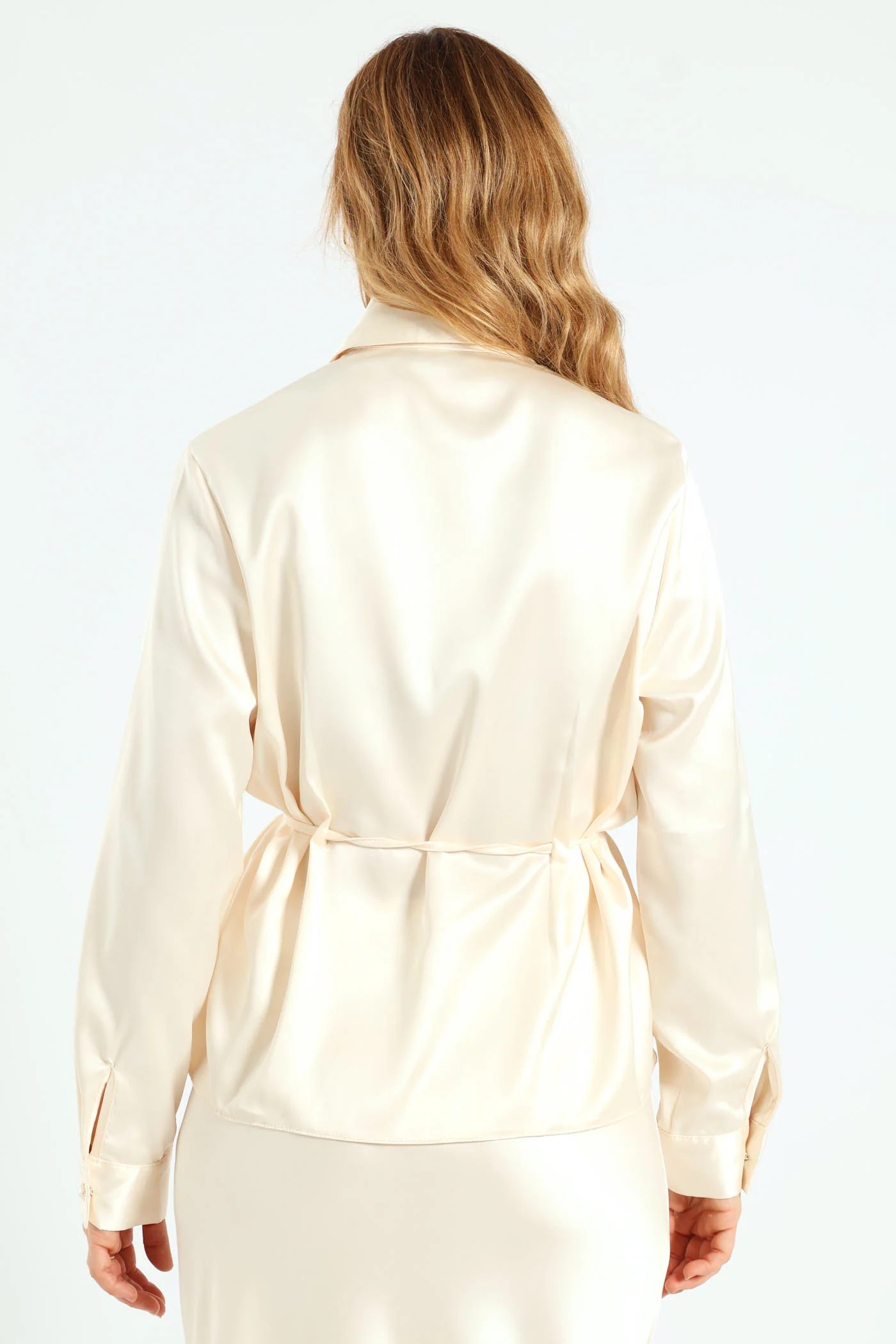 Belted Satin Shirt - Cream - Image 3