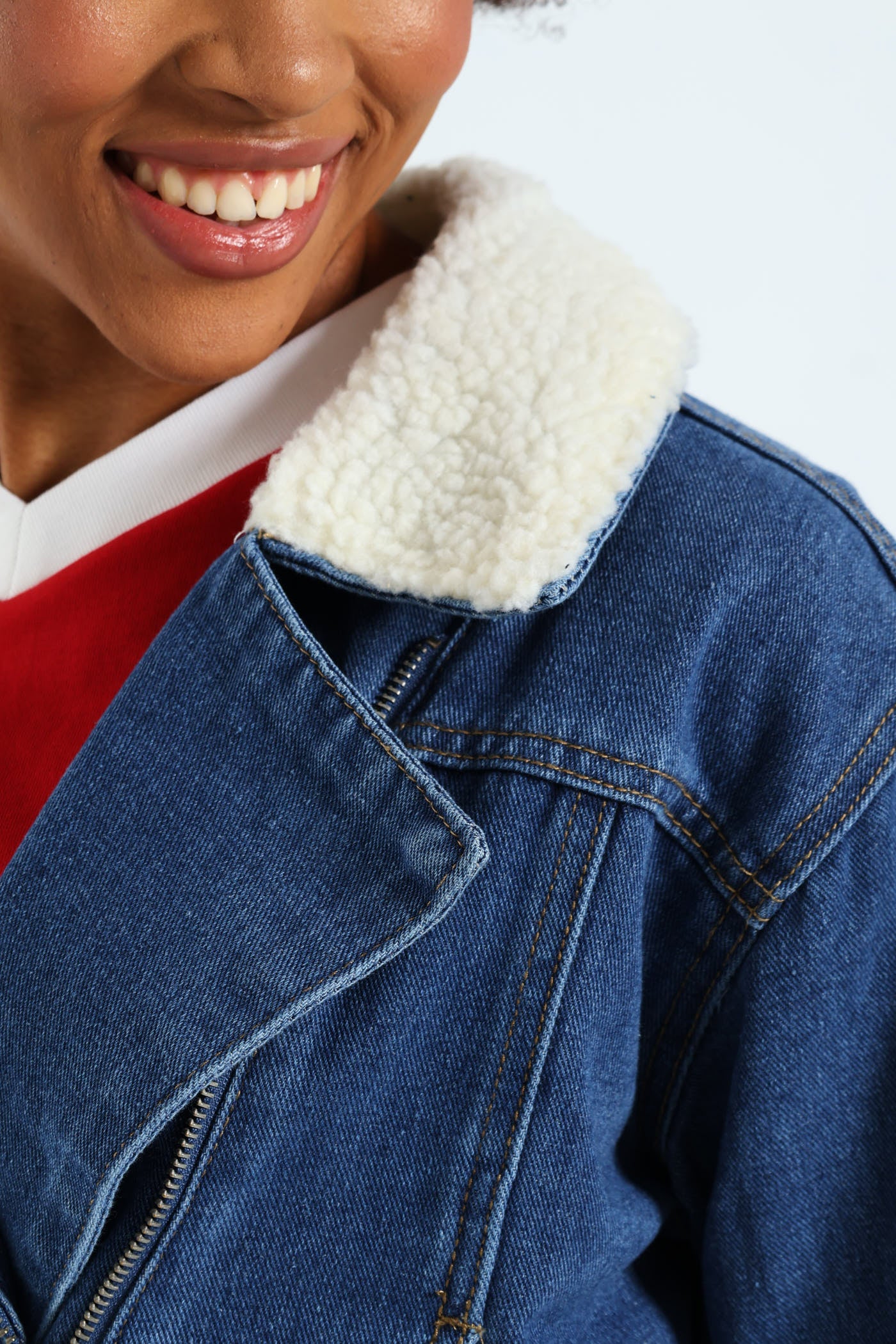 Belted Sherpa Biker Jacket - Mid Blue - Image 2