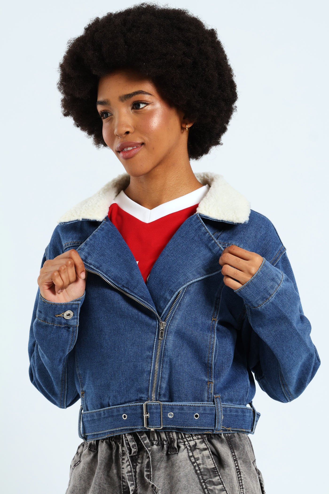Belted Sherpa Biker Jacket - Mid Blue - Image 3