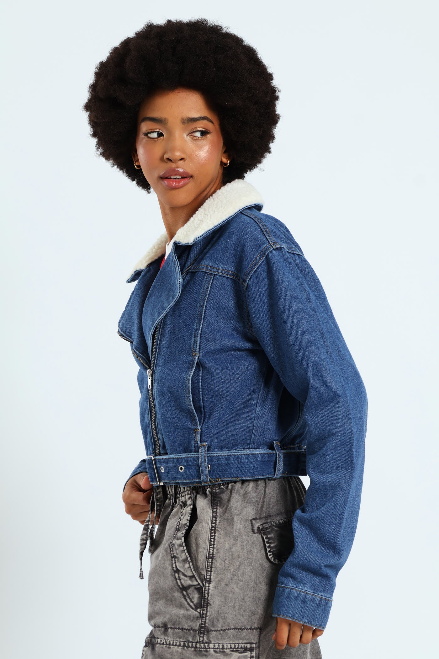 Belted Sherpa Biker Jacket - Mid Blue - Image 4
