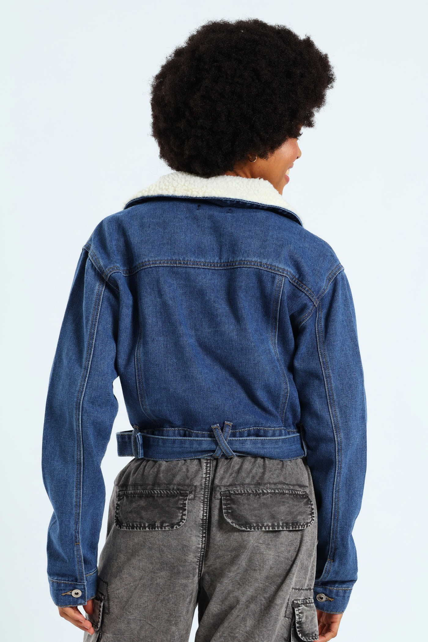 Belted Sherpa Biker Jacket - Mid Blue - Image 5