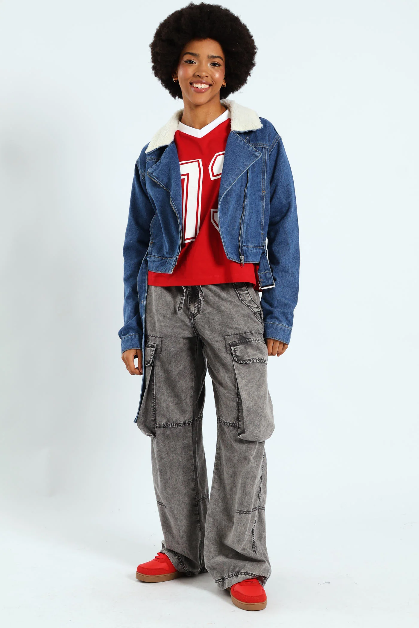 Belted Sherpa Biker Jacket - Mid Blue - Image 7