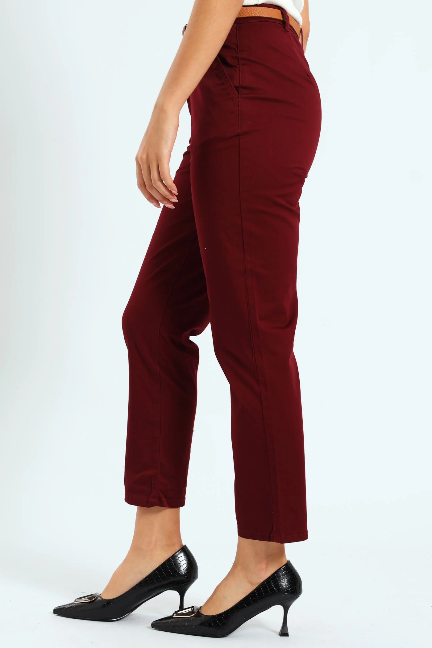 Belted Straight Sateen Chino Pants - Plum - Image 2