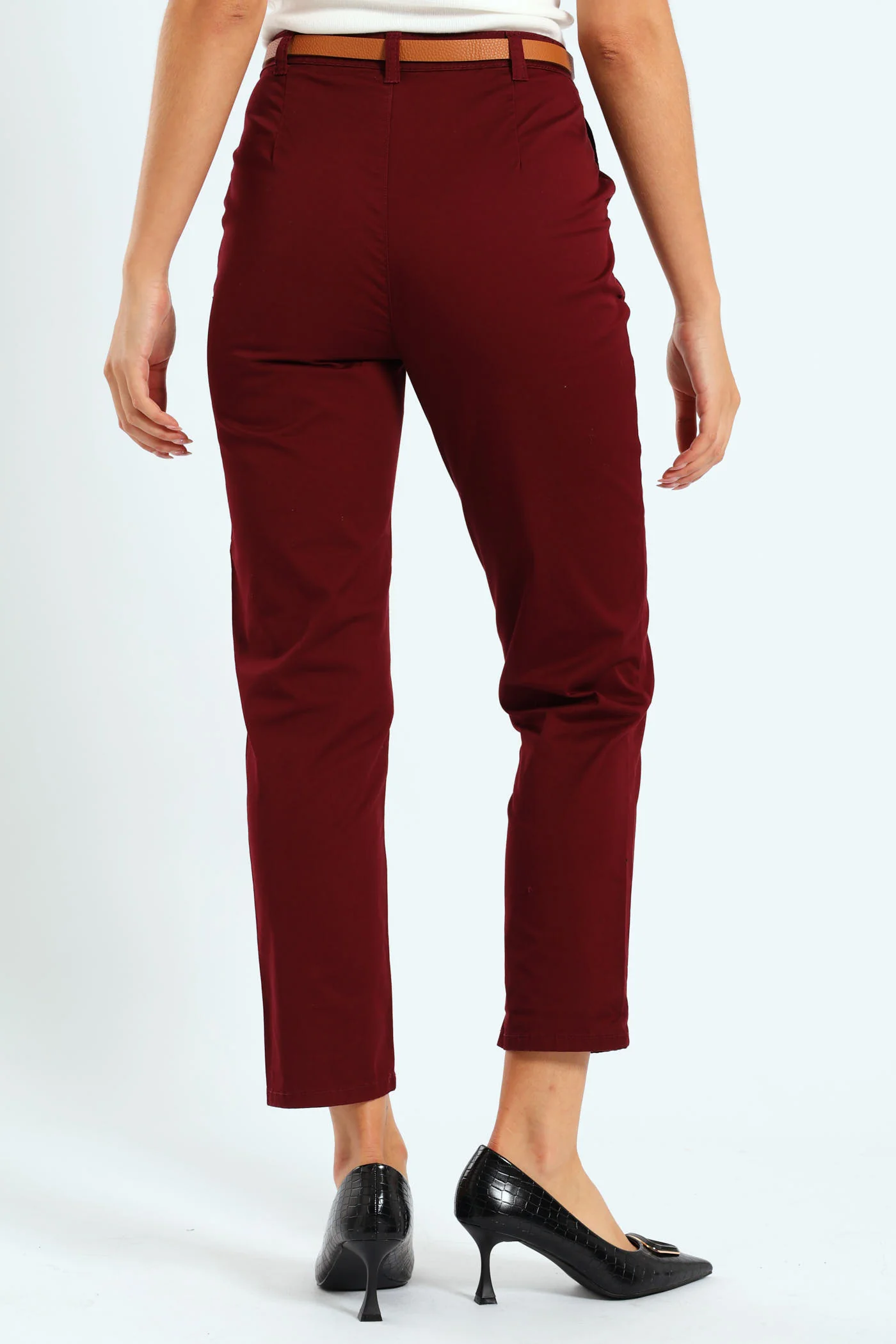 Belted Straight Sateen Chino Pants - Plum - Image 3