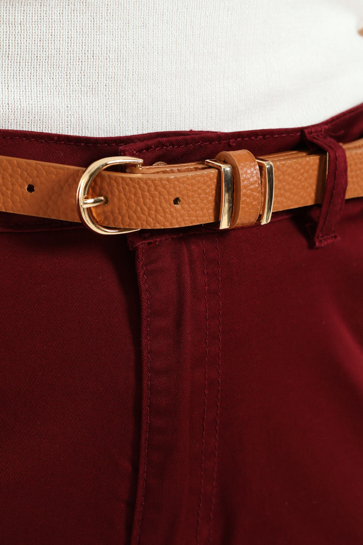 Belted Straight Sateen Chino Pants - Plum - Image 4