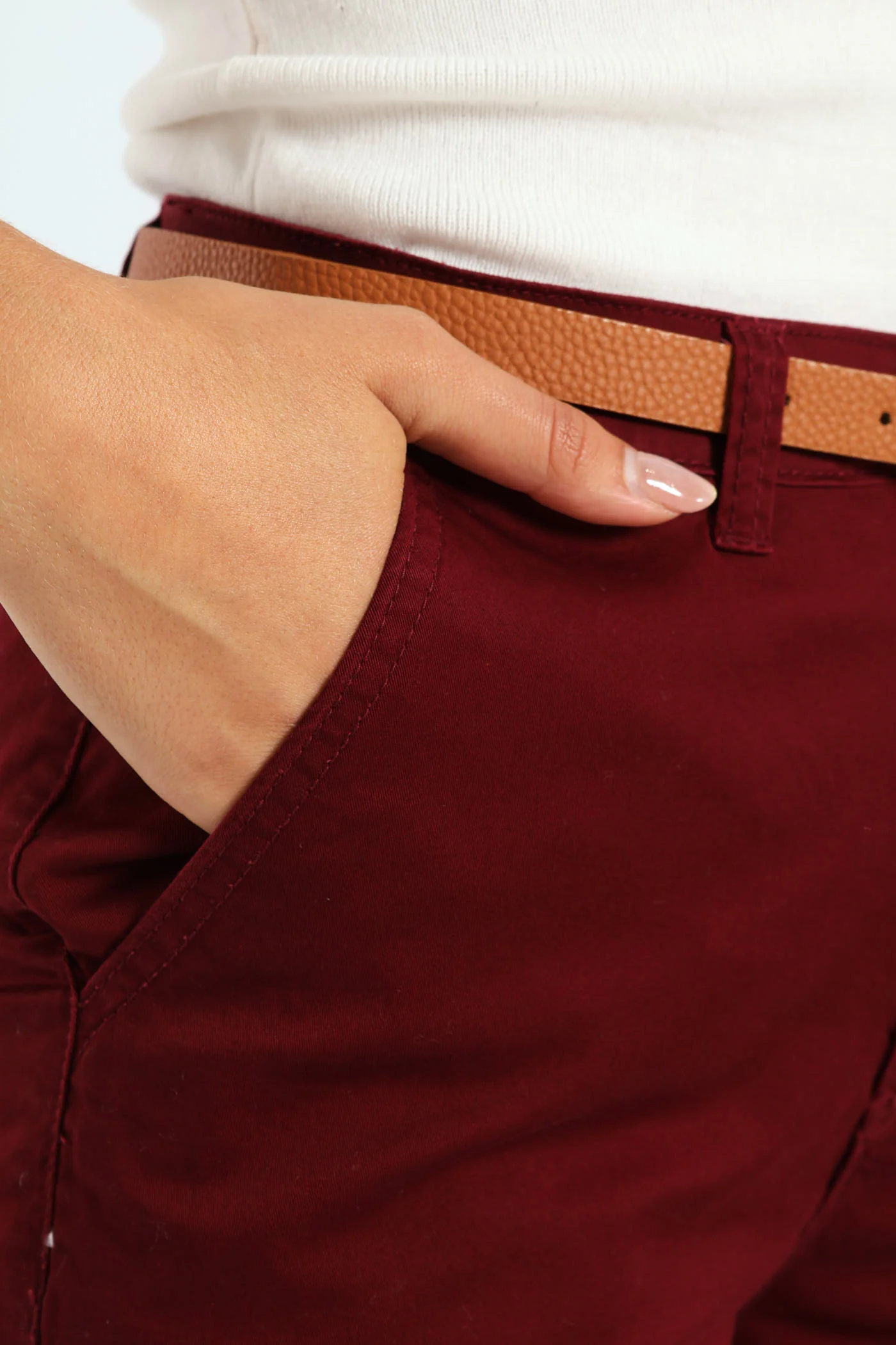 Belted Straight Sateen Chino Pants - Plum - Image 5