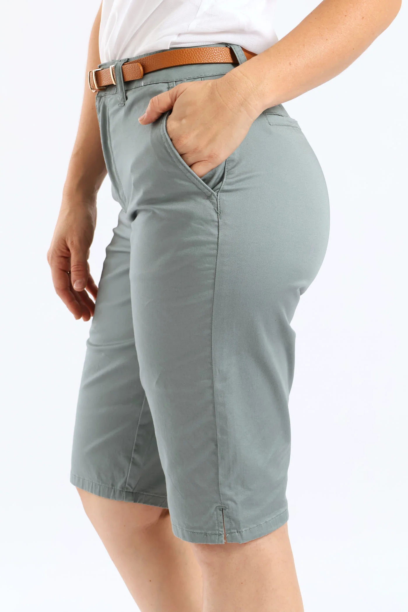 Belted Stretch Sateen Chino Bermuda Short - Aqua Mist Green - Image 2