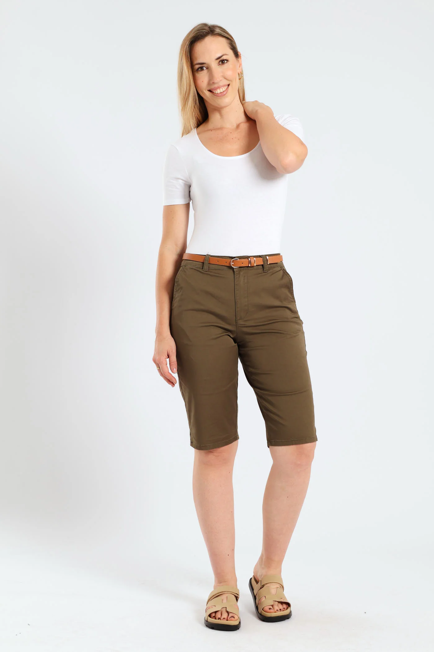Belted Stretch Sateen Chino Bermuda Shorts - Light Fatigue - Image 5