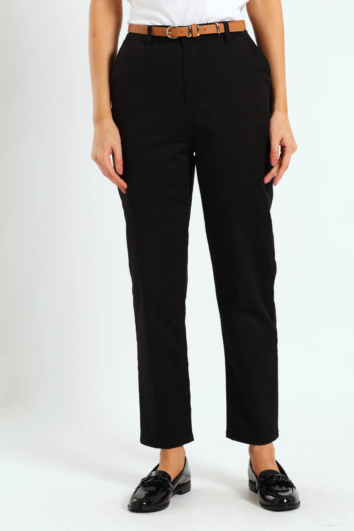 Belted Stretch Sateen Chino Pants - Black - Image 2