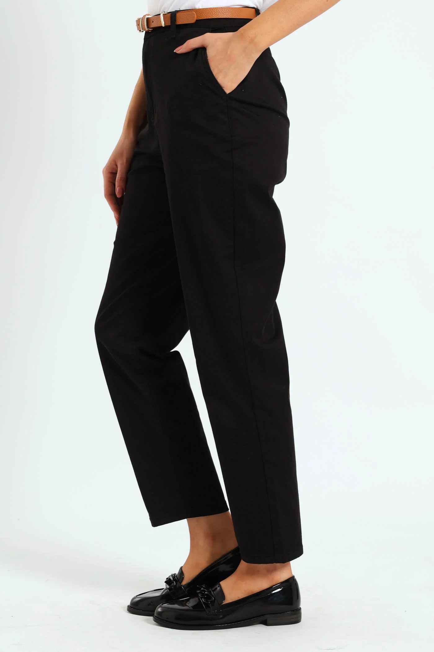 Belted Stretch Sateen Chino Pants - Black - Image 3