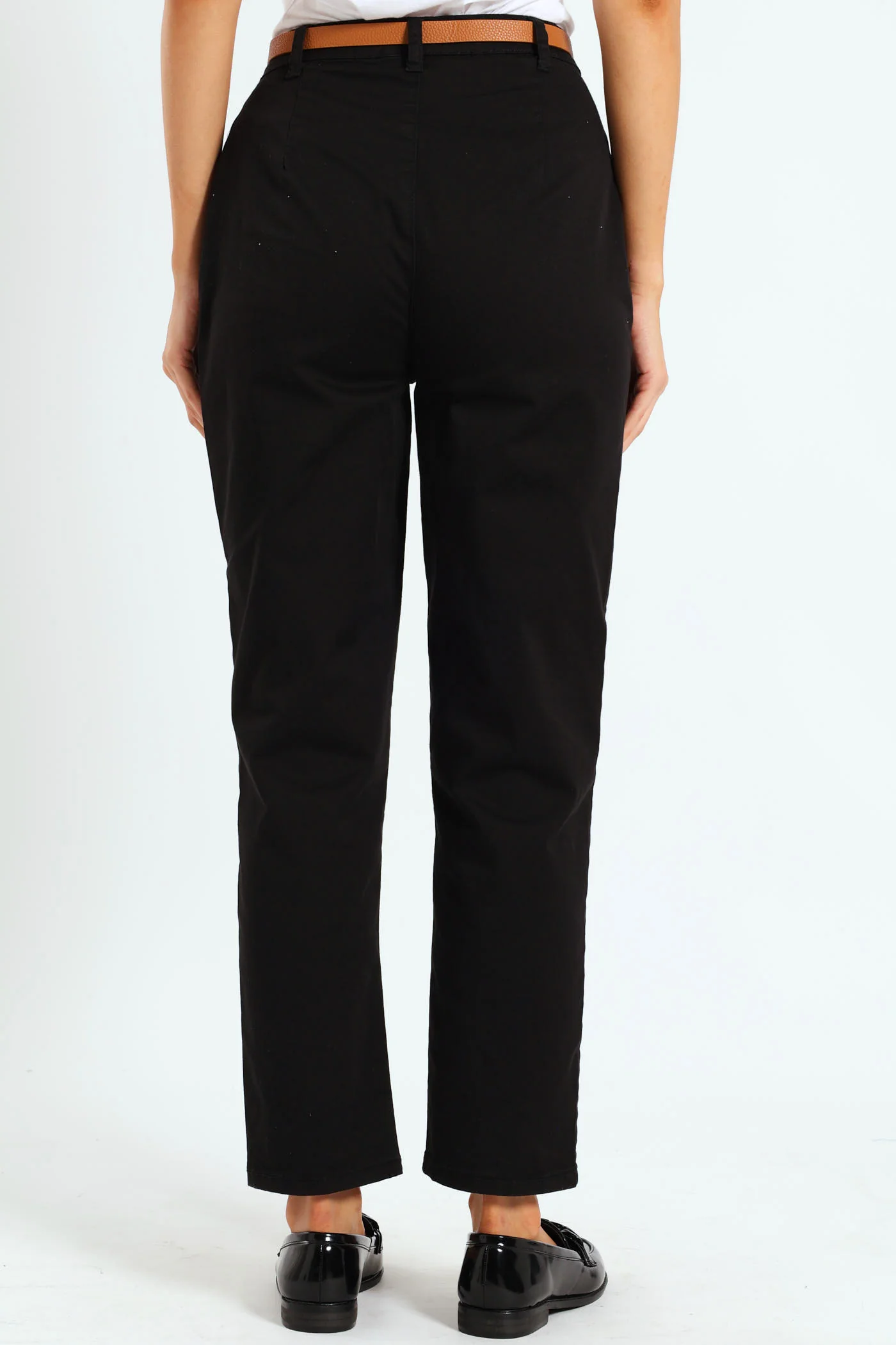 Belted Stretch Sateen Chino Pants - Black - Image 4