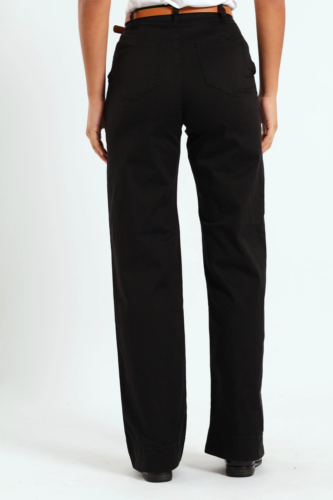 Belted Stretch Sateen Wideleg Chino Pants - Black - Image 2
