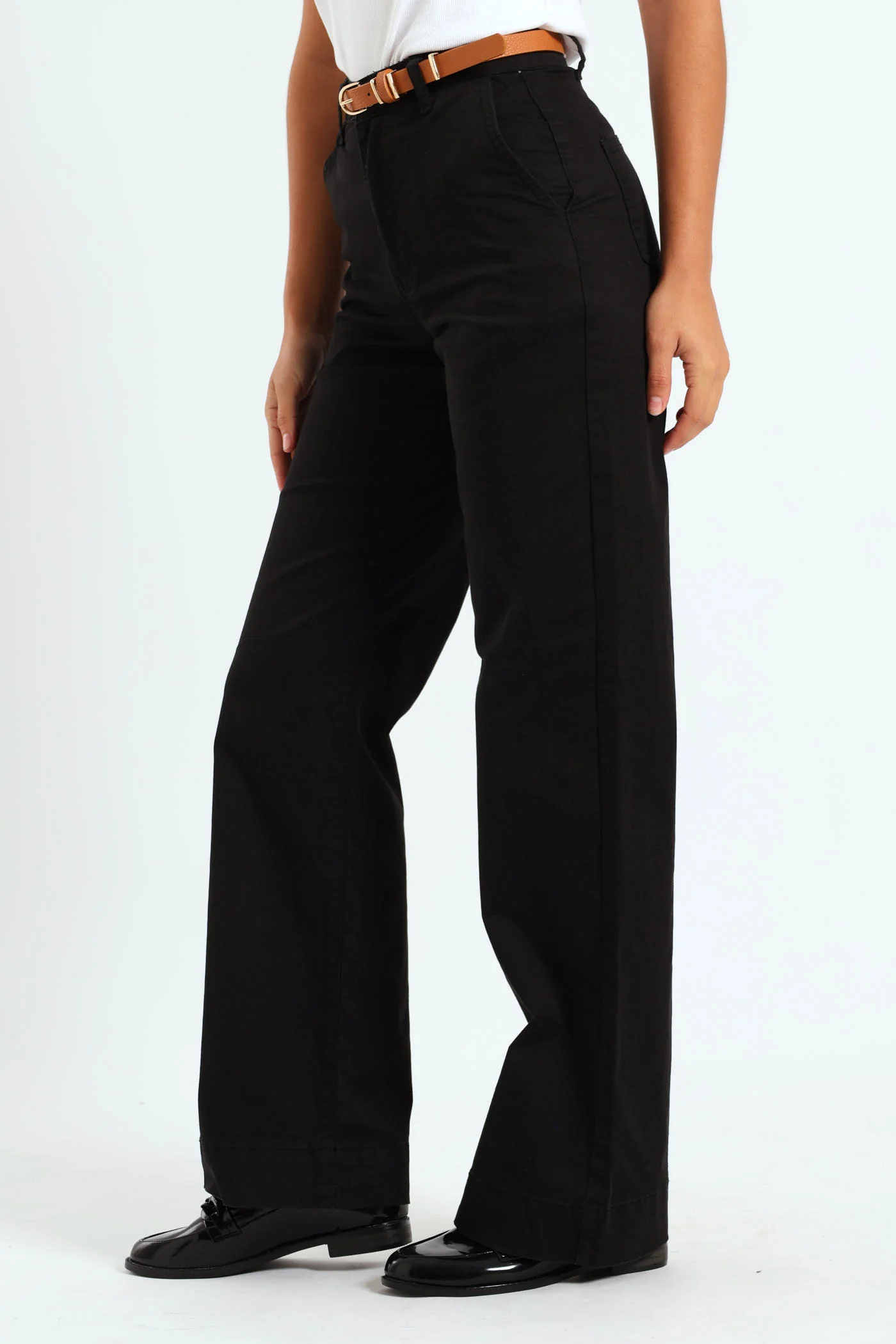 Belted Stretch Sateen Wideleg Chino Pants - Black - Image 3