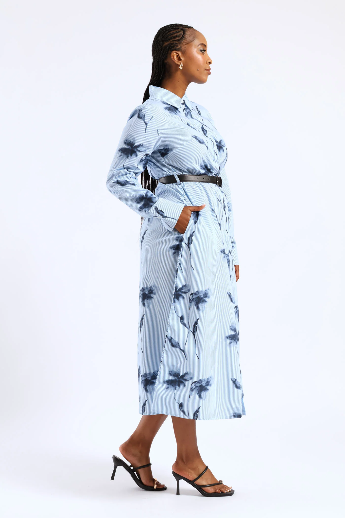 Belted Striped Floral Maxi Shirt Dress - Blue - Image 3
