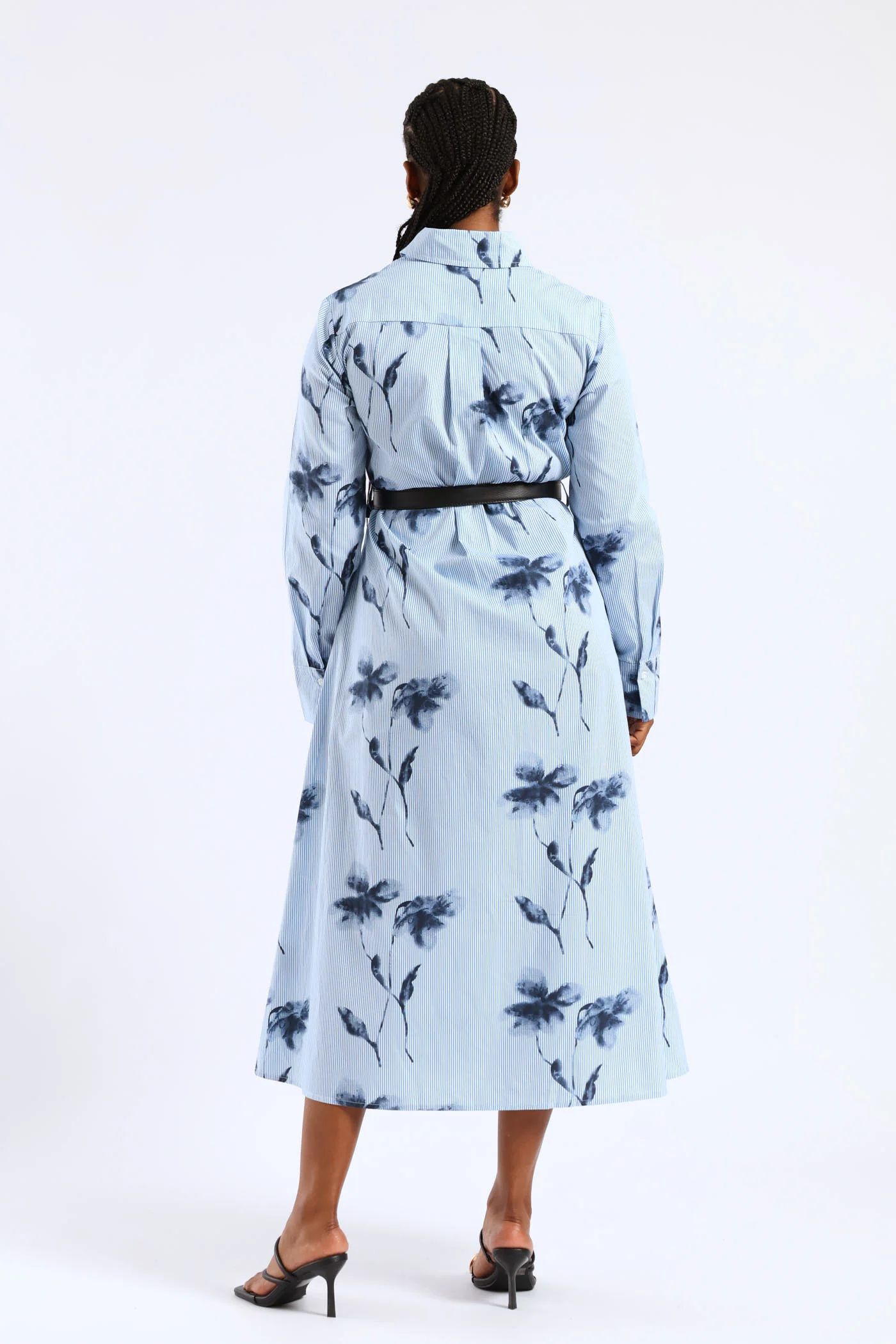 Belted Striped Floral Maxi Shirt Dress - Blue - Image 4