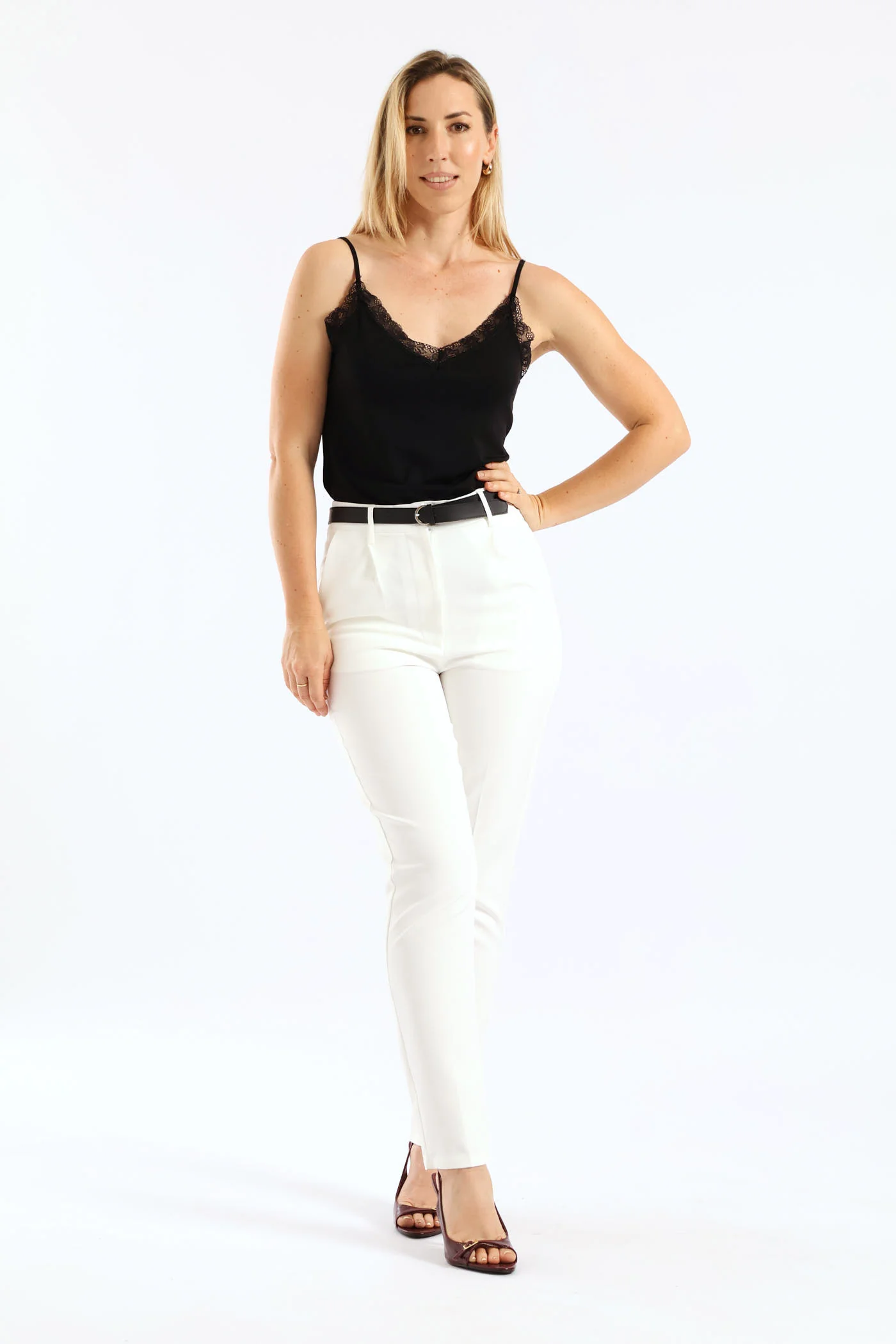 Belted Tapered Leg Pant - Cream - Image 2