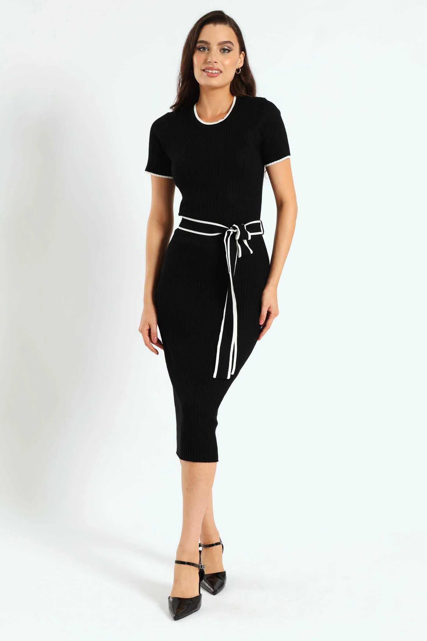 Belted Tipped Knitwear Maxi Dress - Black - Image 2