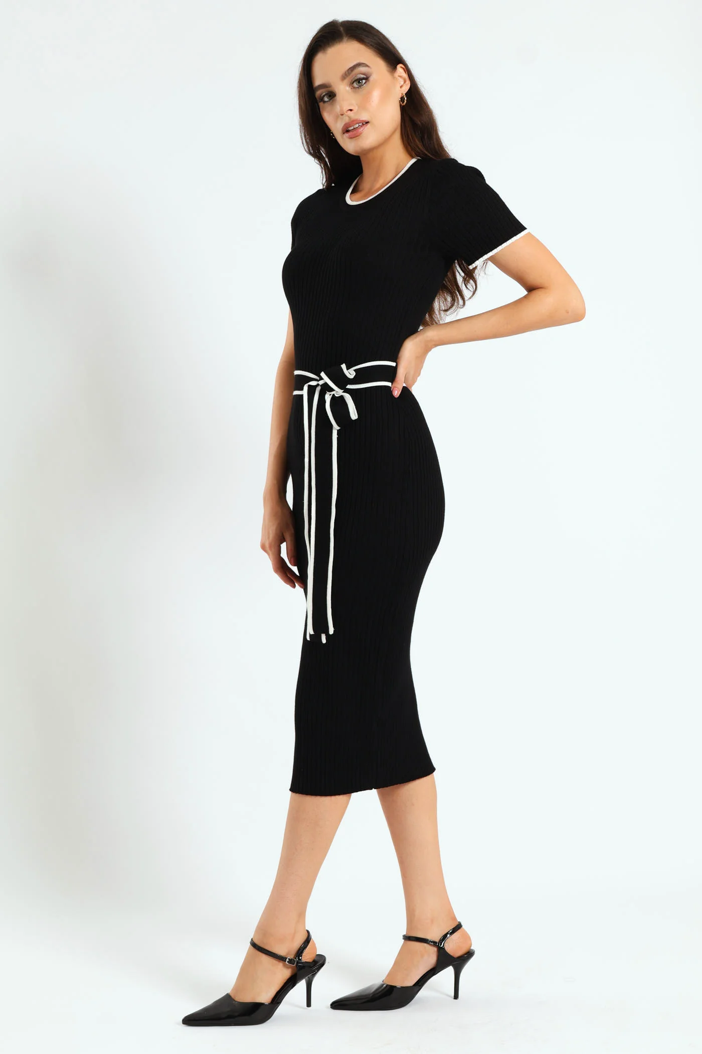 Belted Tipped Knitwear Maxi Dress - Black - Image 4