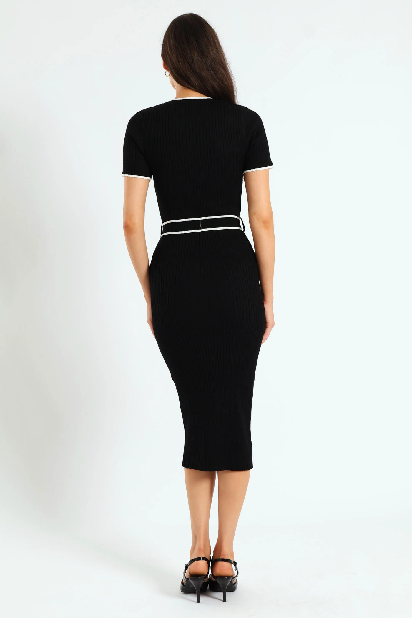 Belted Tipped Knitwear Maxi Dress - Black - Image 5