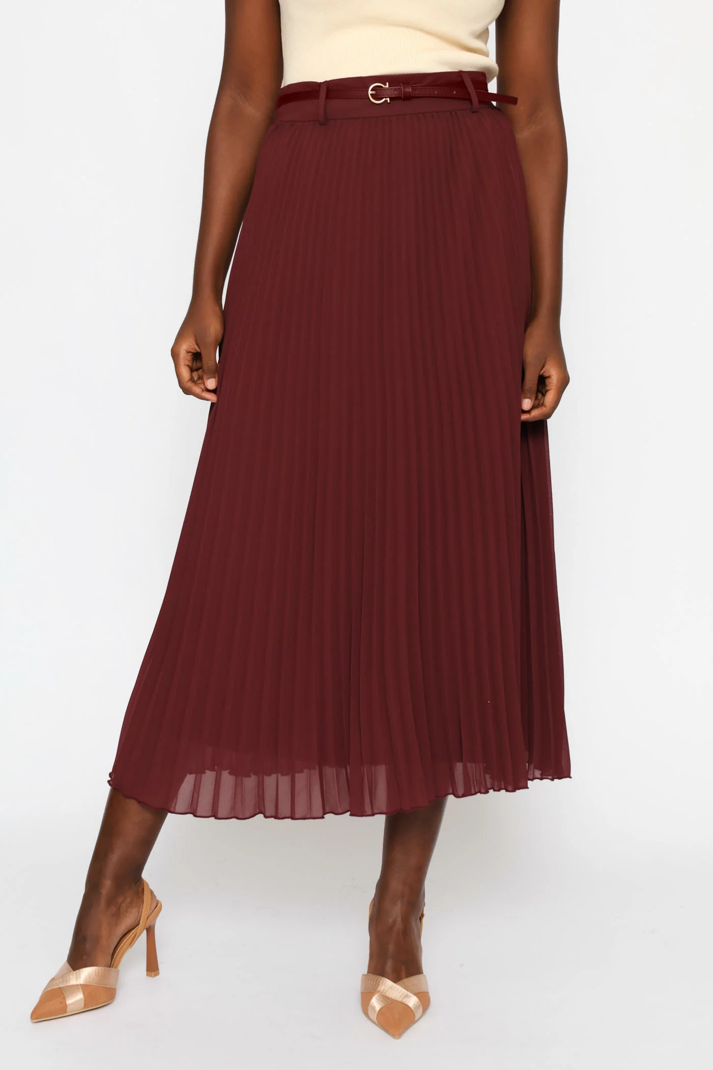 Belted Trim Pleated Chiffon Maxi Skirt - Burgundy - Image 2