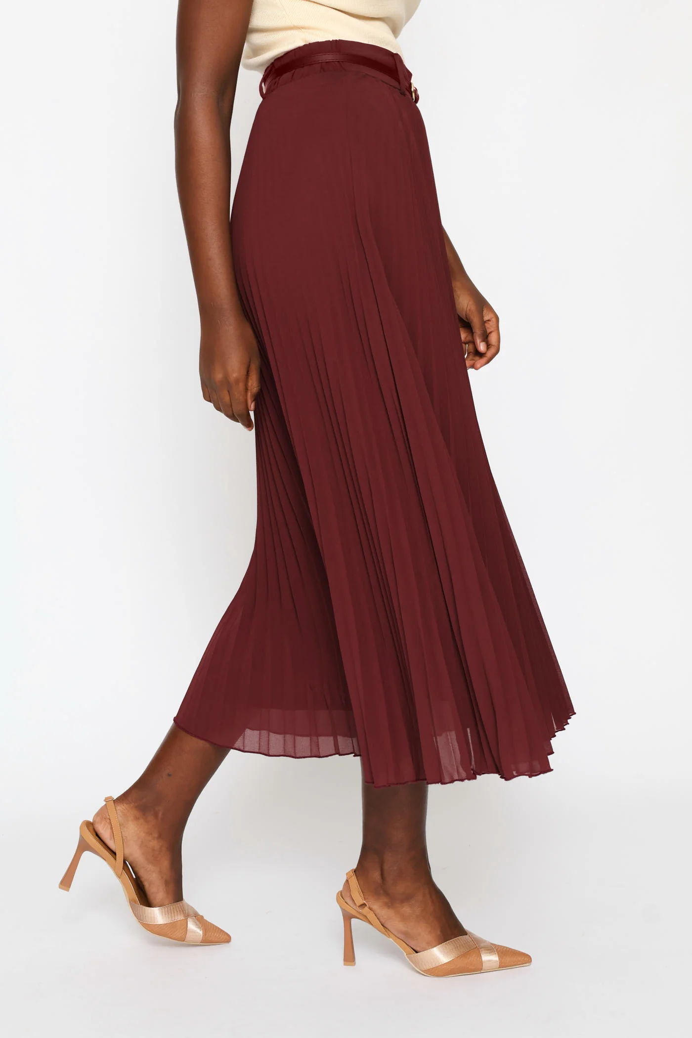 Belted Trim Pleated Chiffon Maxi Skirt - Burgundy - Image 3