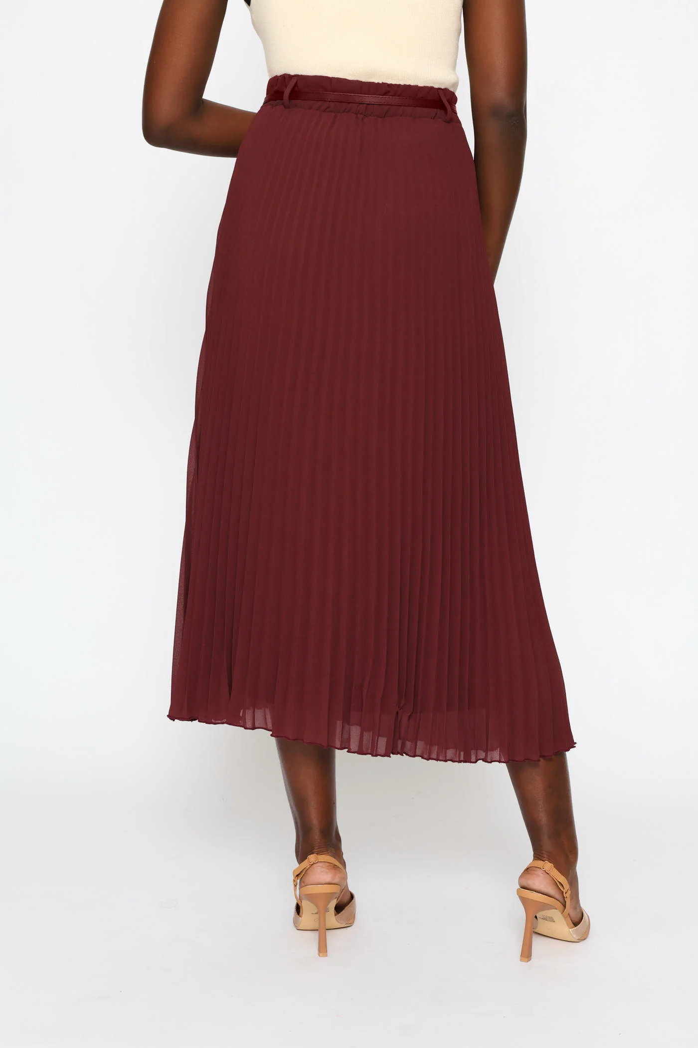 Belted Trim Pleated Chiffon Maxi Skirt - Burgundy - Image 4