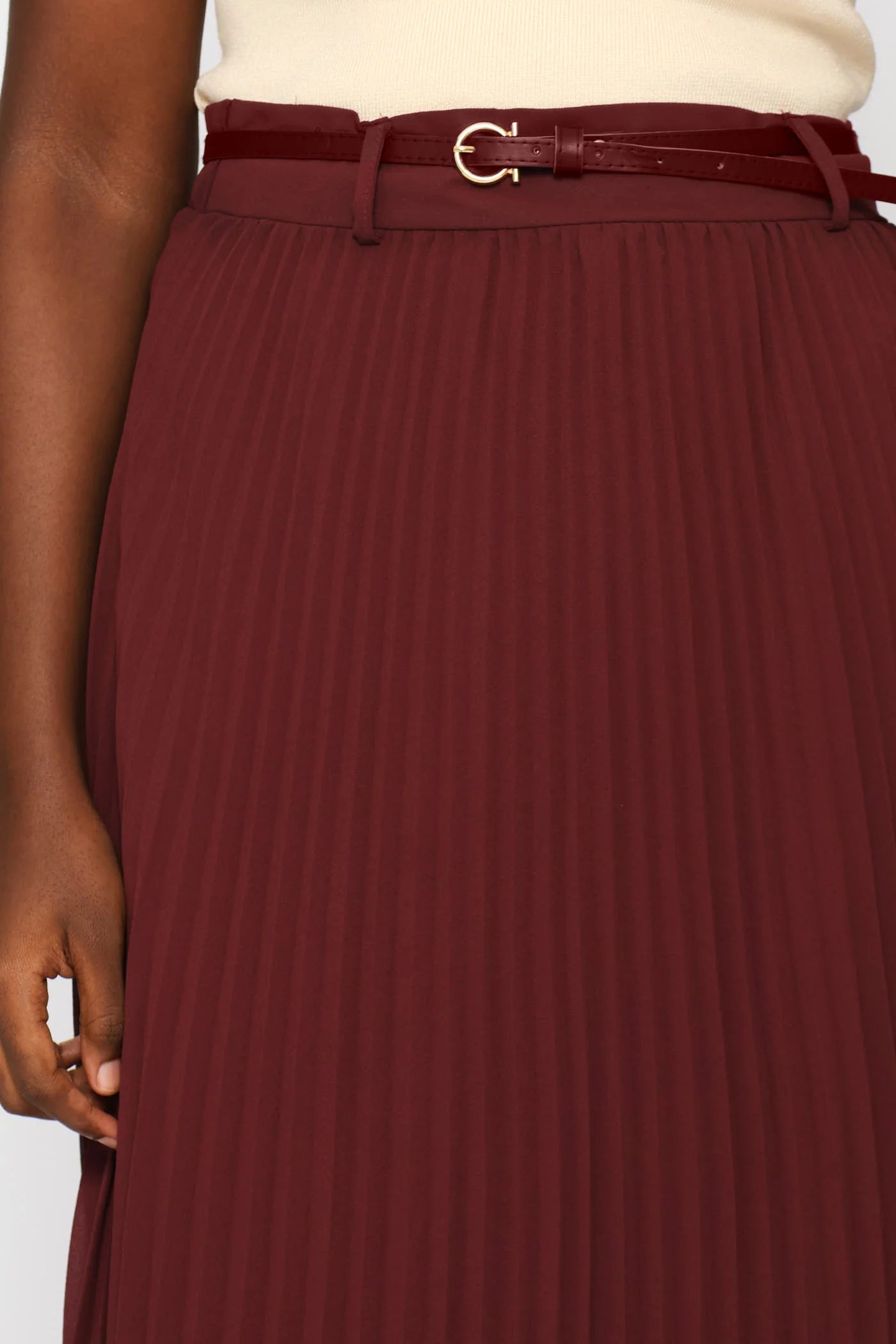 Belted Trim Pleated Chiffon Maxi Skirt - Burgundy - Image 5