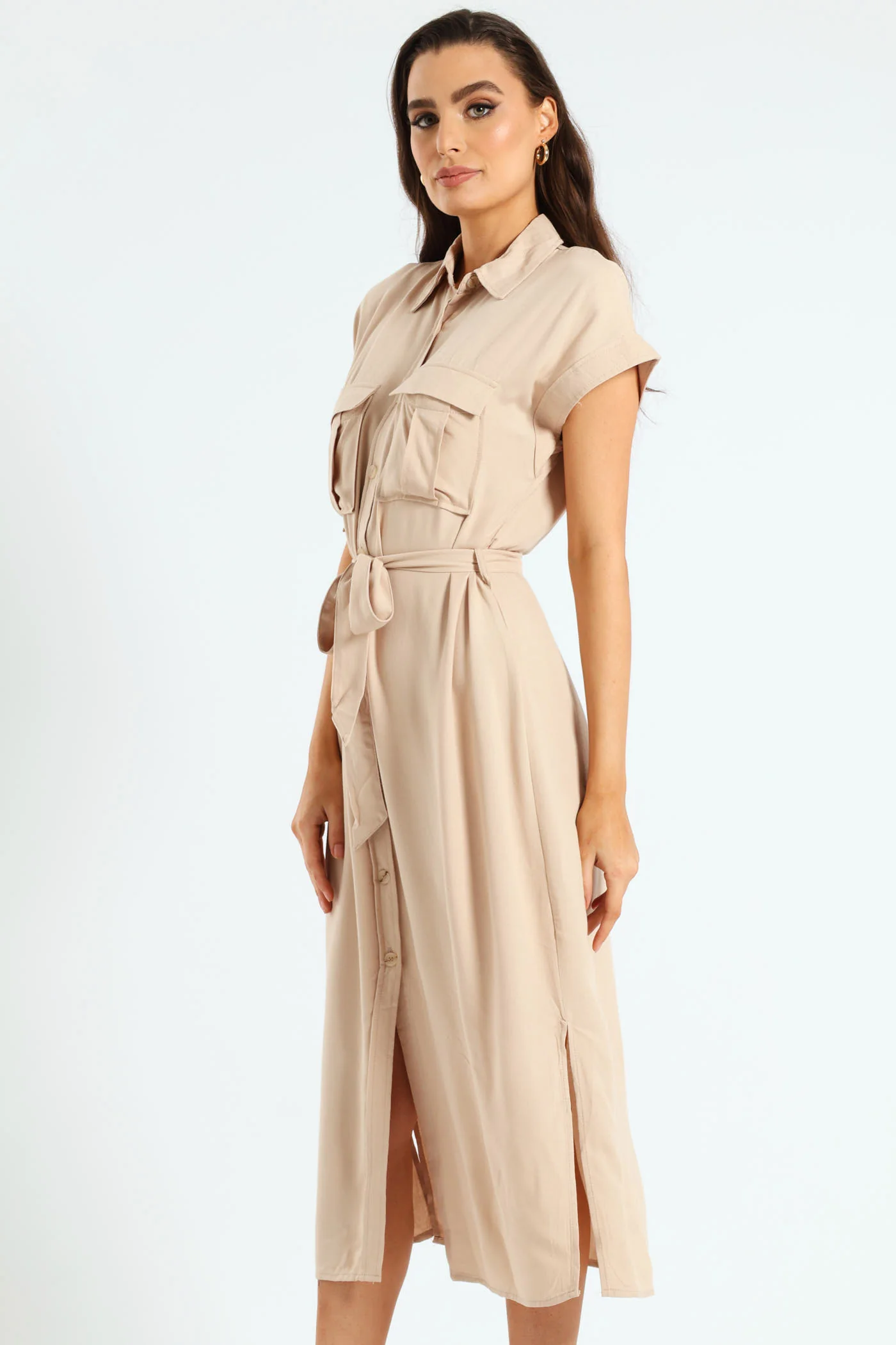 Belted Utility Shirt Dress - Stone - Image 2
