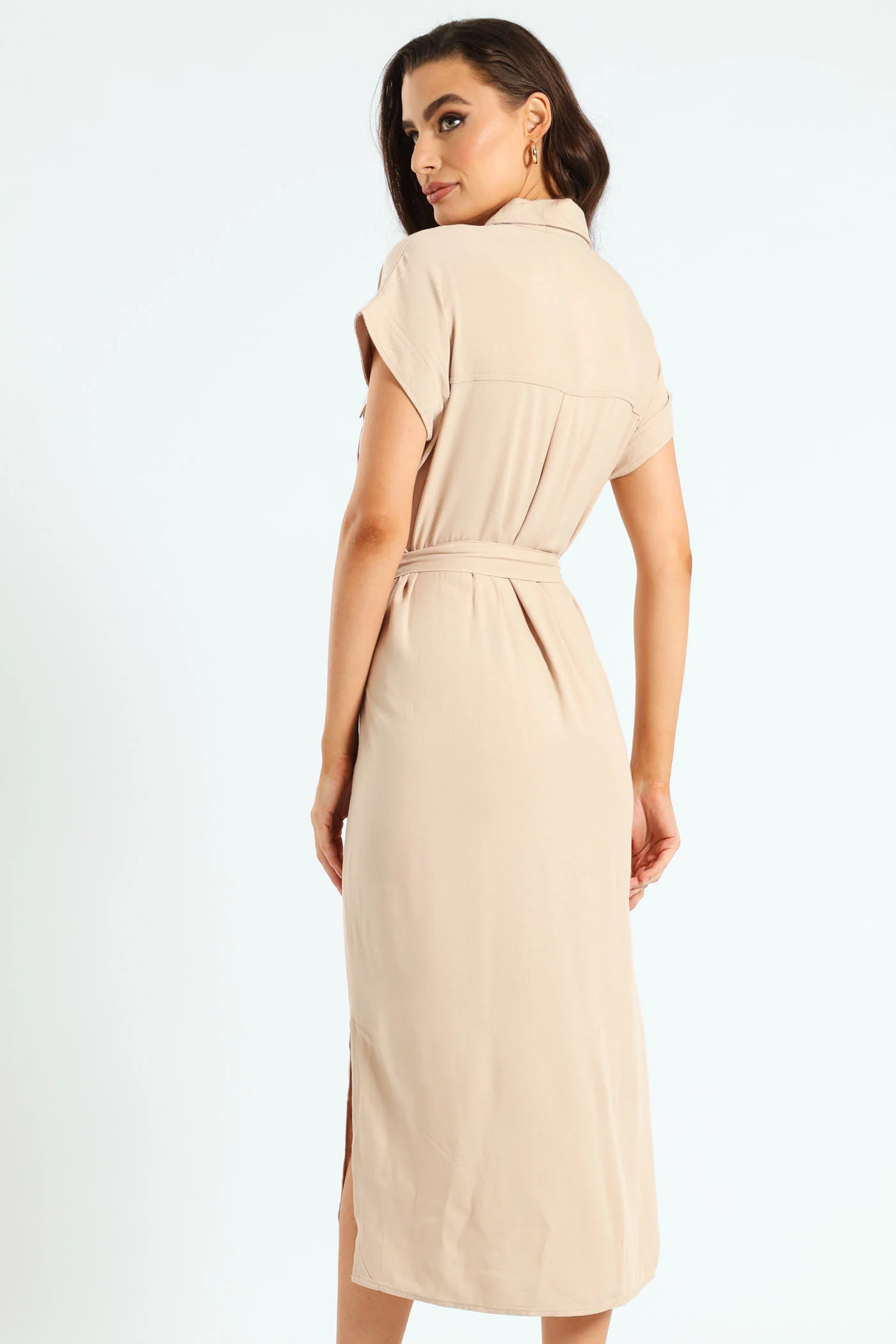 Belted Utility Shirt Dress - Stone - Image 4
