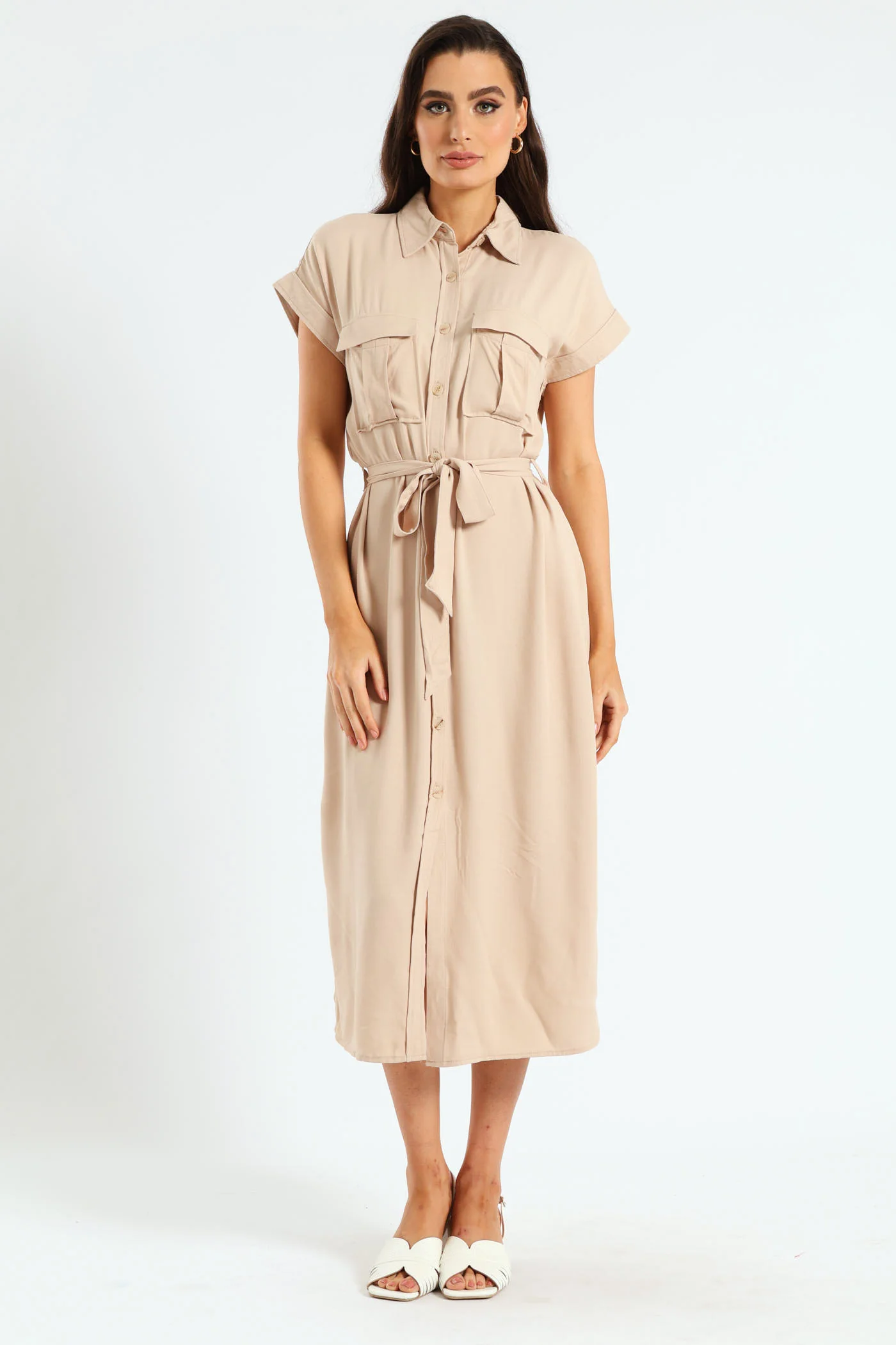 Belted Utility Shirt Dress - Stone - Image 5