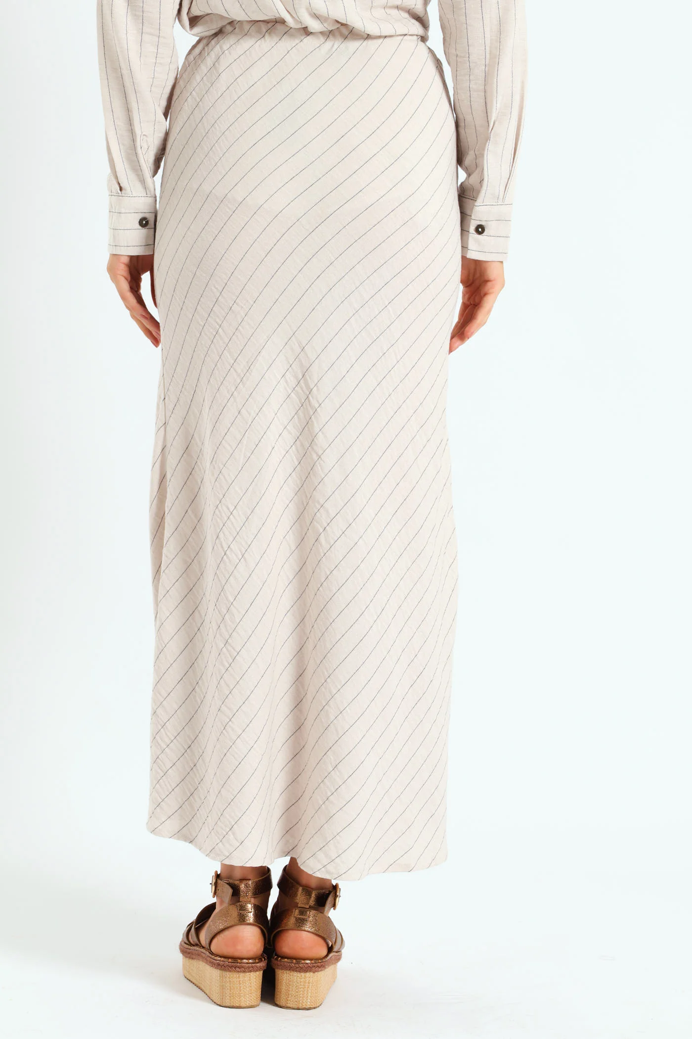Bias Cut Diagonal Stripe Linen Midi Skirt - Cream/Black - Image 3