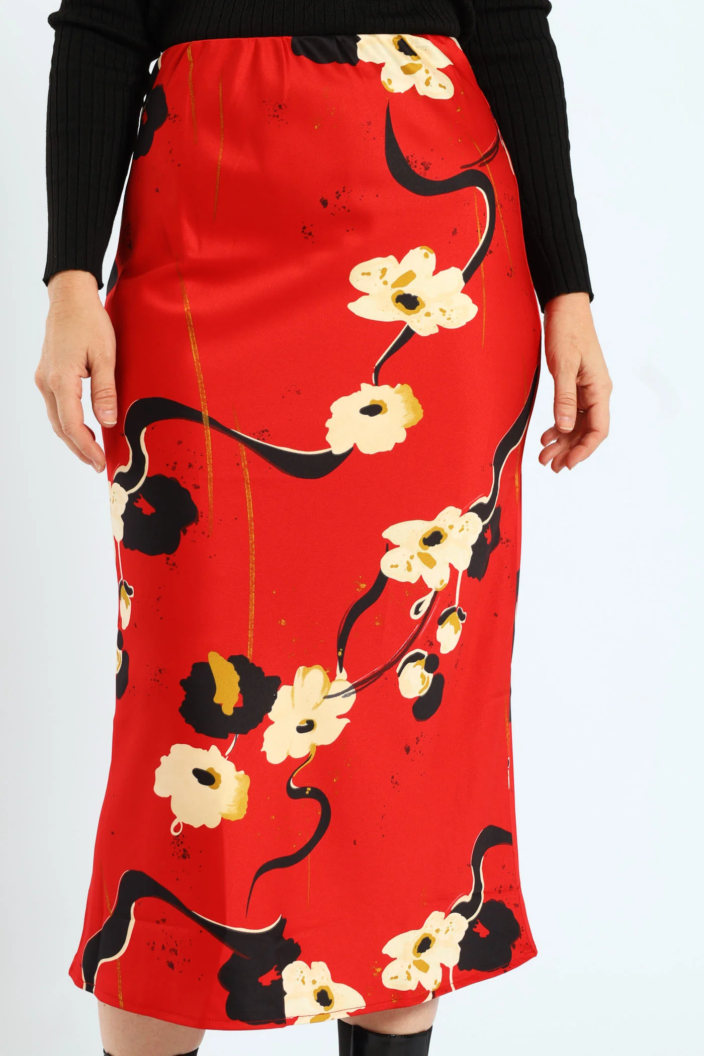 Bias Cut Satin Print Midi Skirt - Red - Image 2
