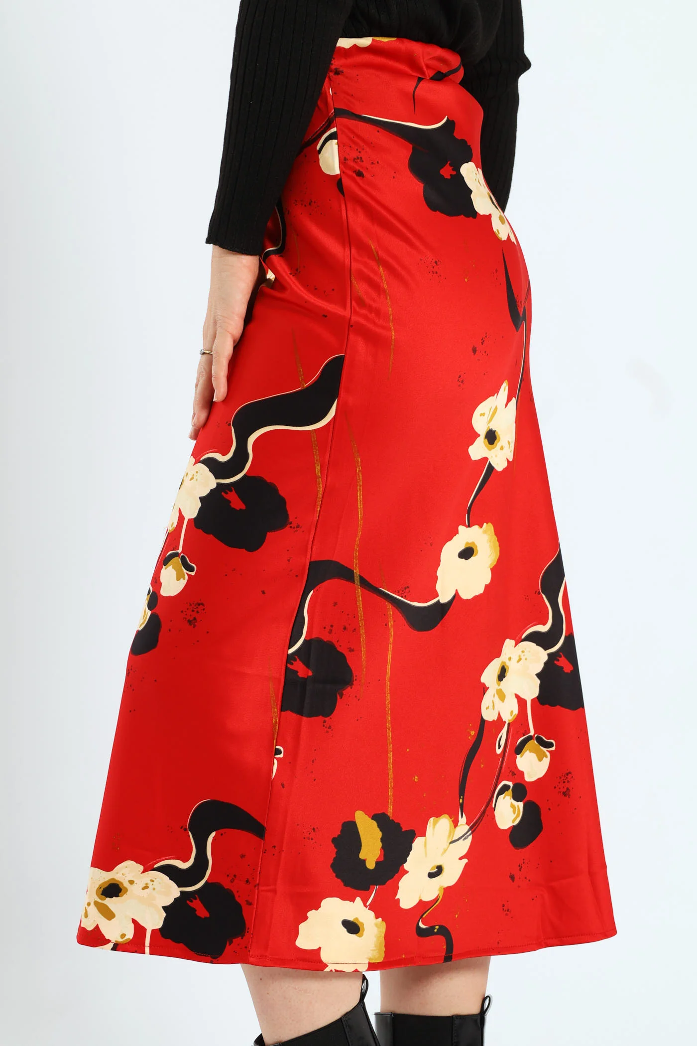 Bias Cut Satin Print Midi Skirt - Red - Image 3