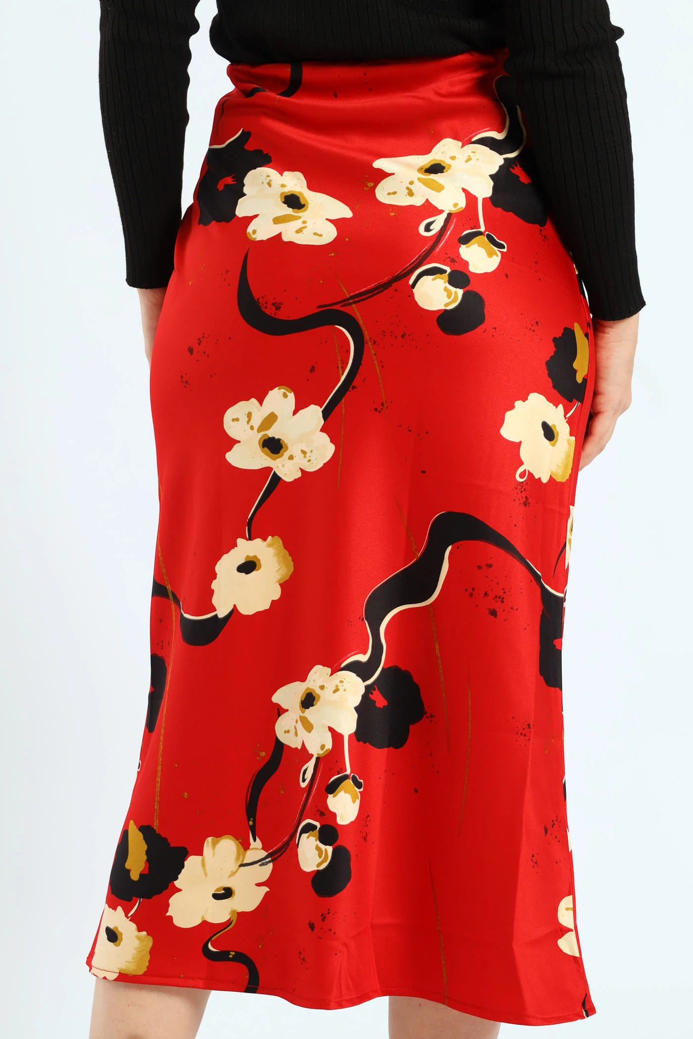 Bias Cut Satin Print Midi Skirt - Red - Image 4