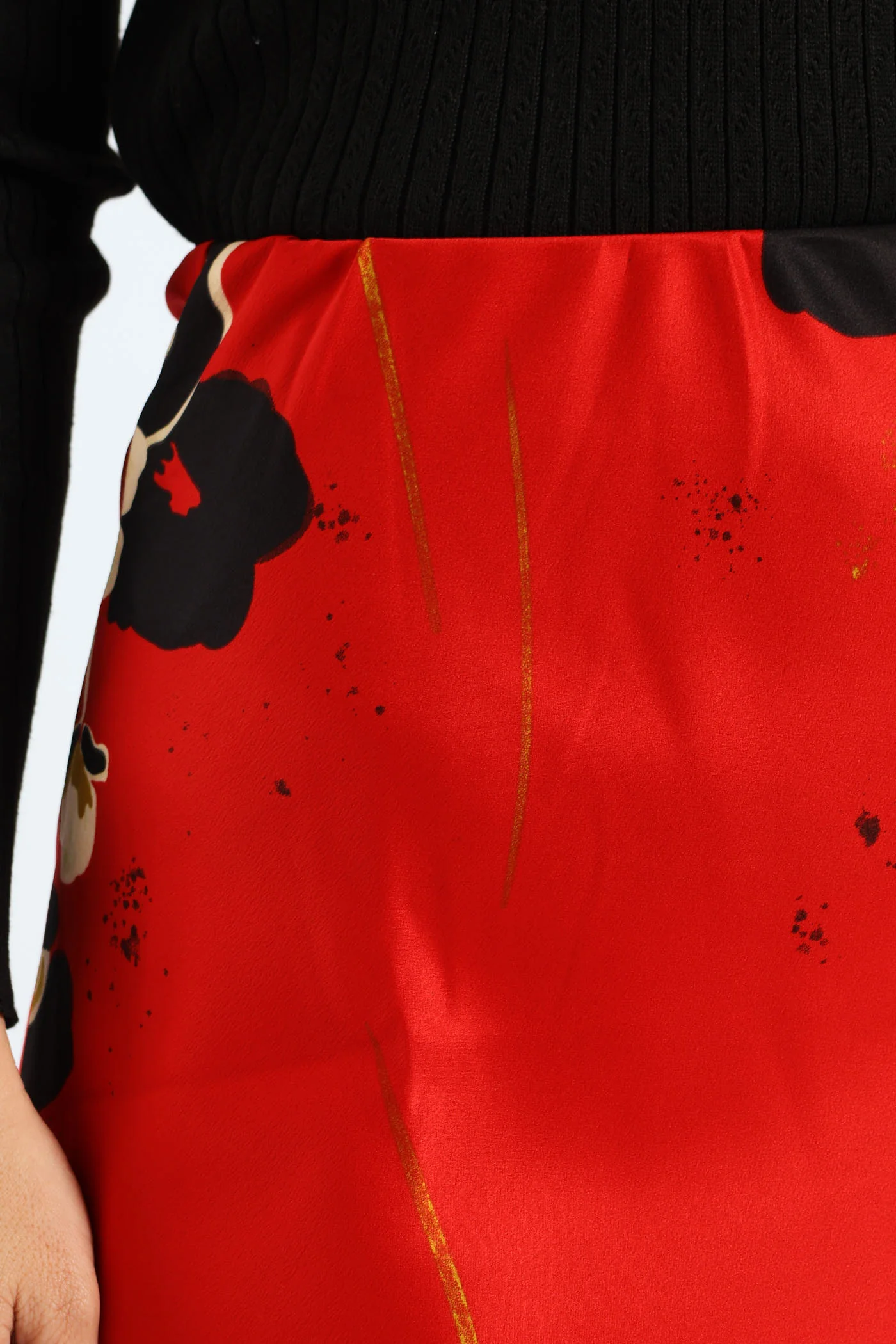 Bias Cut Satin Print Midi Skirt - Red - Image 5