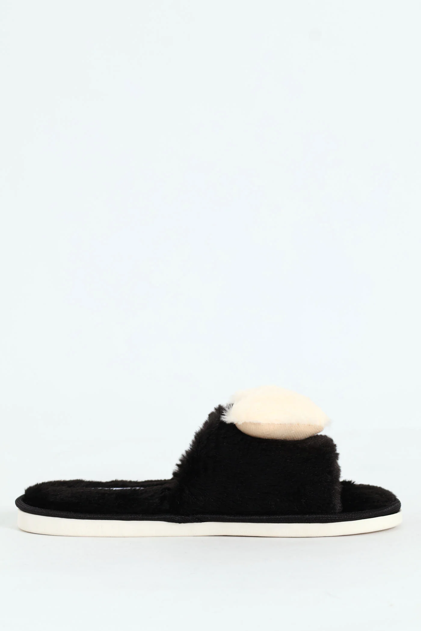 Big Fur Heart Open Toe Slipper - Black/Beige - Image 3