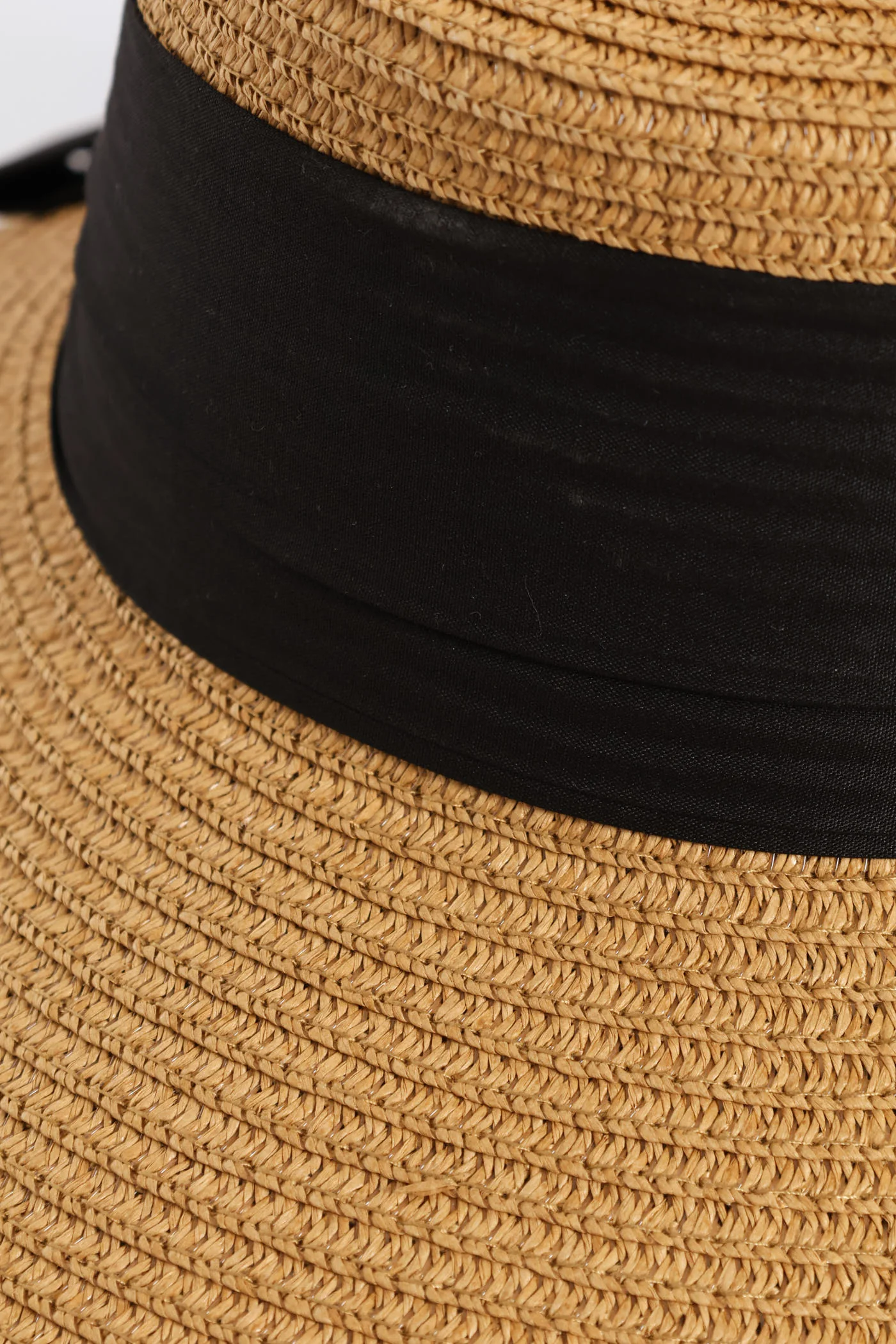 Black Bow Turn Down Straw Hat - Tan - Image 2