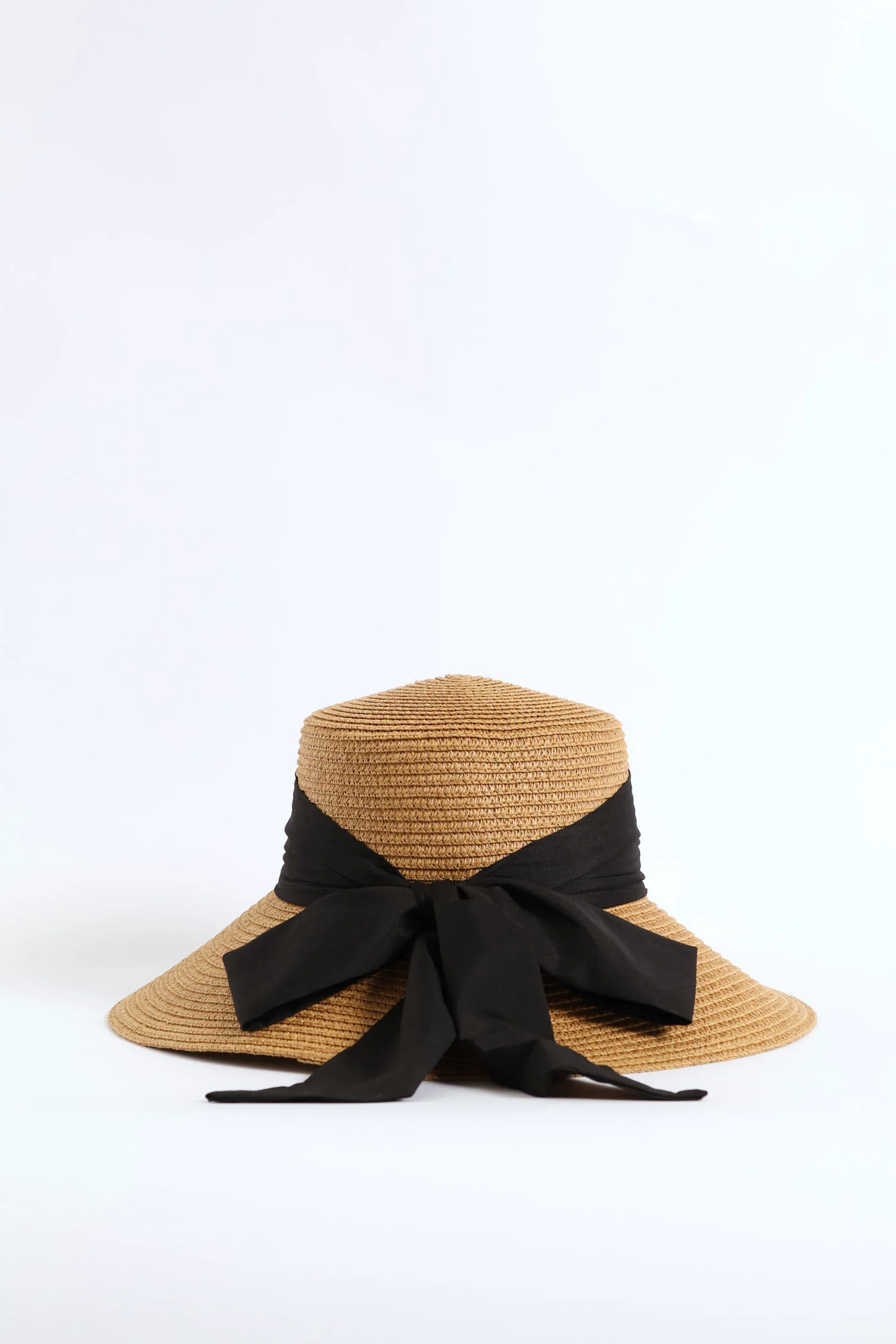 Black Bow Turn Down Straw Hat - Tan - Image 3