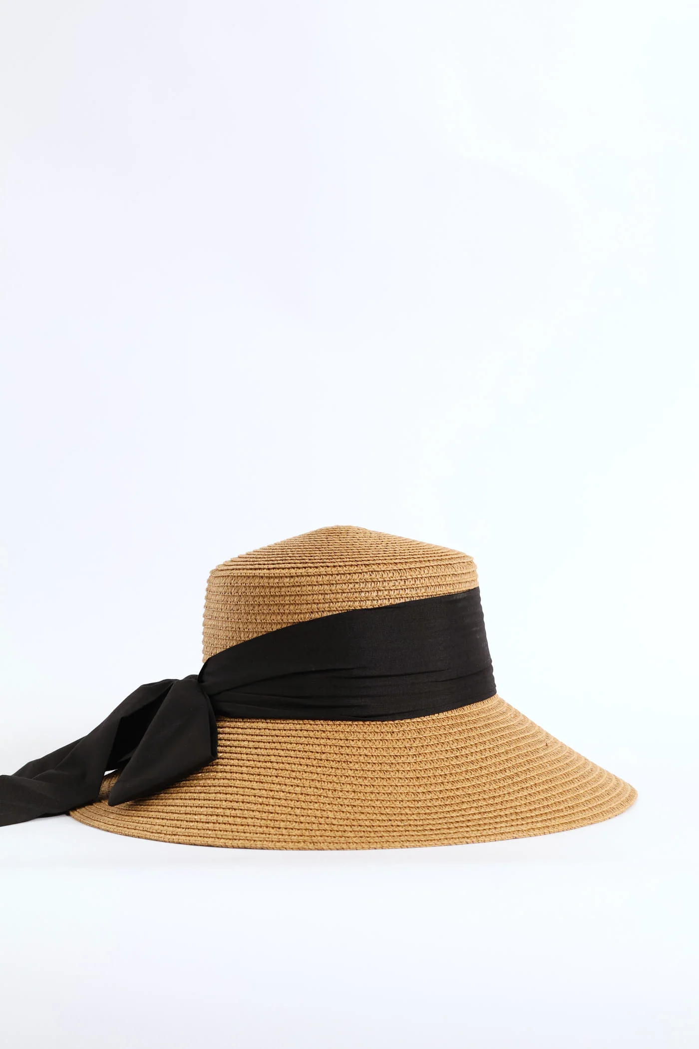 Black Bow Turn Down Straw Hat - Tan - Image 4