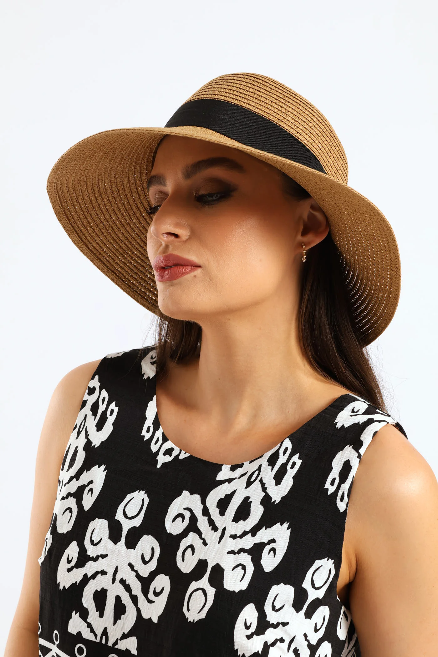 Black Ribbon Round Buckle Turned Down Sunhat - Caramel - Image 2