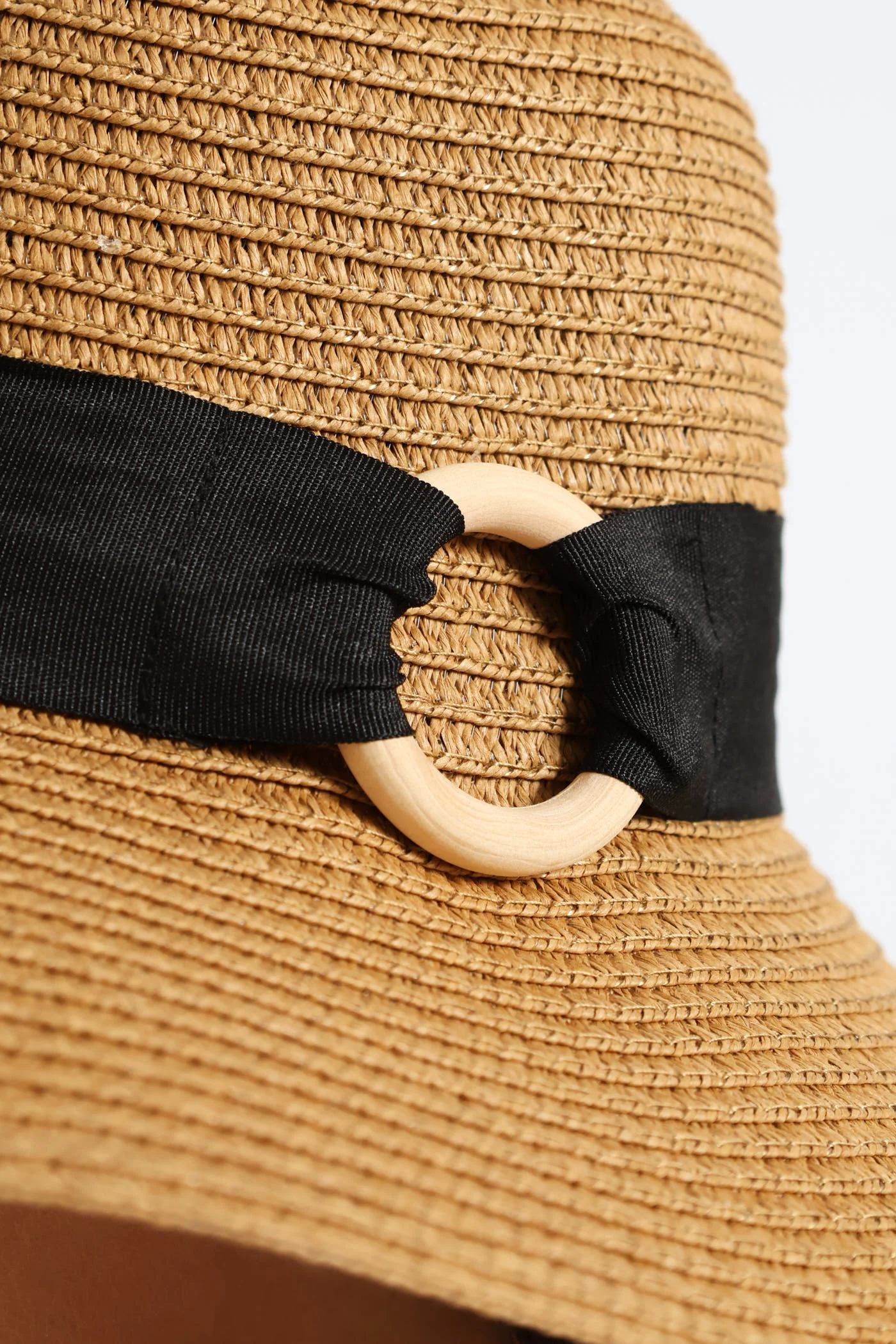 Black Ribbon Round Buckle Turned Down Sunhat - Caramel - Image 4