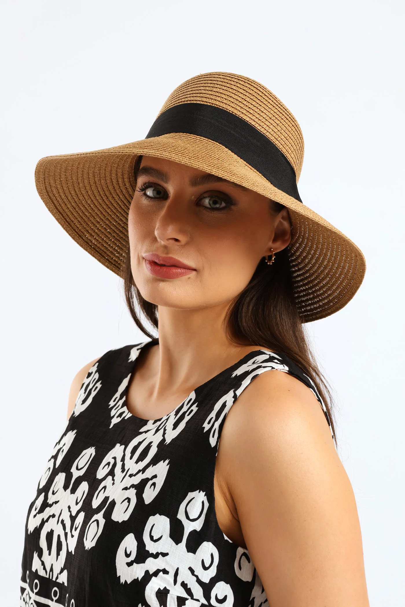 Black Ribbon Round Buckle Turned Down Sunhat - Caramel - Image 6