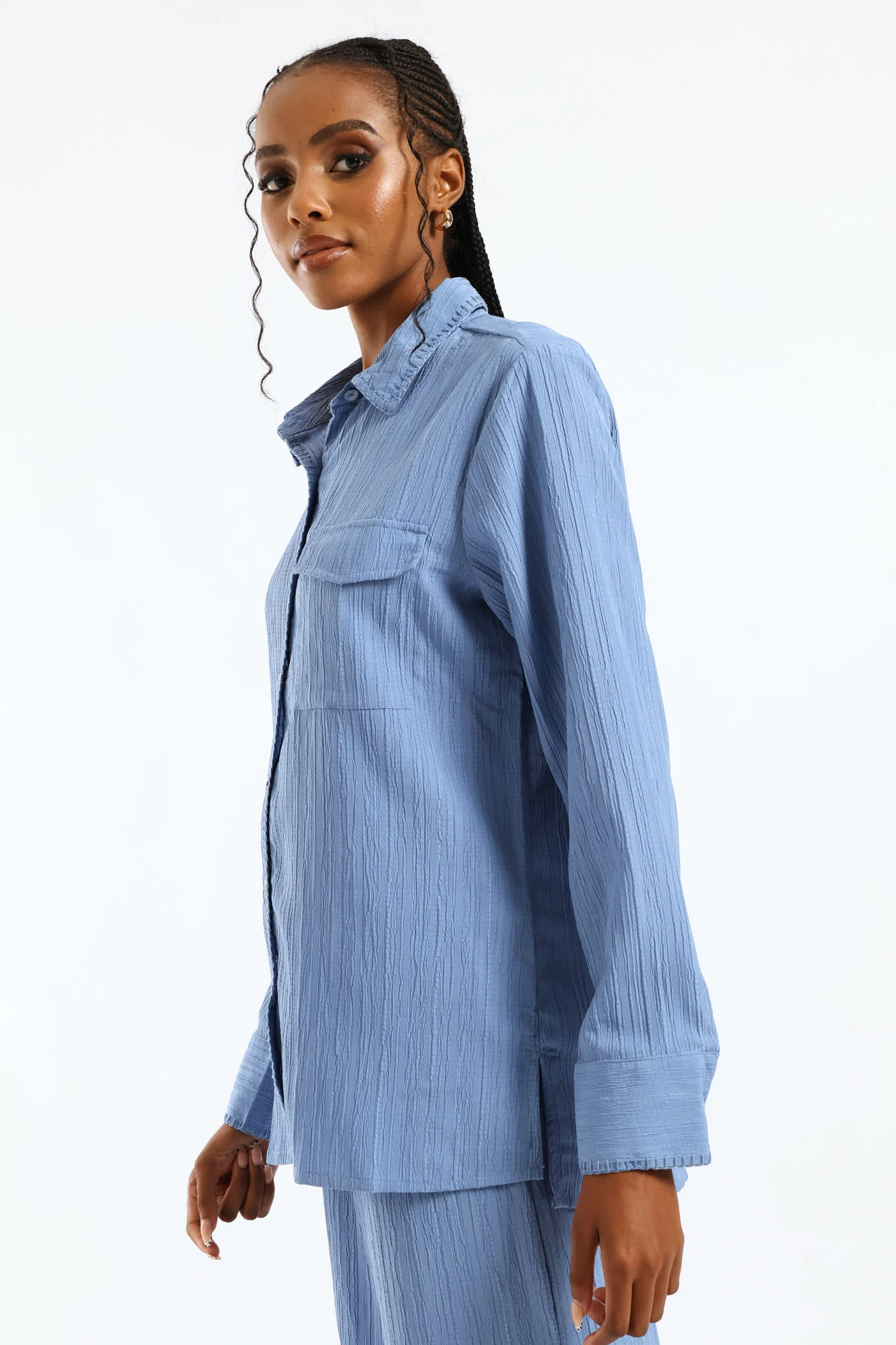Blanket Stitch Detail Oversized Shirt - Dusty Blue - Image 3