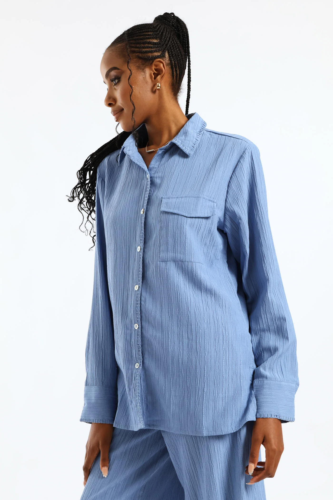 Blanket Stitch Detail Oversized Shirt - Dusty Blue - Image 4