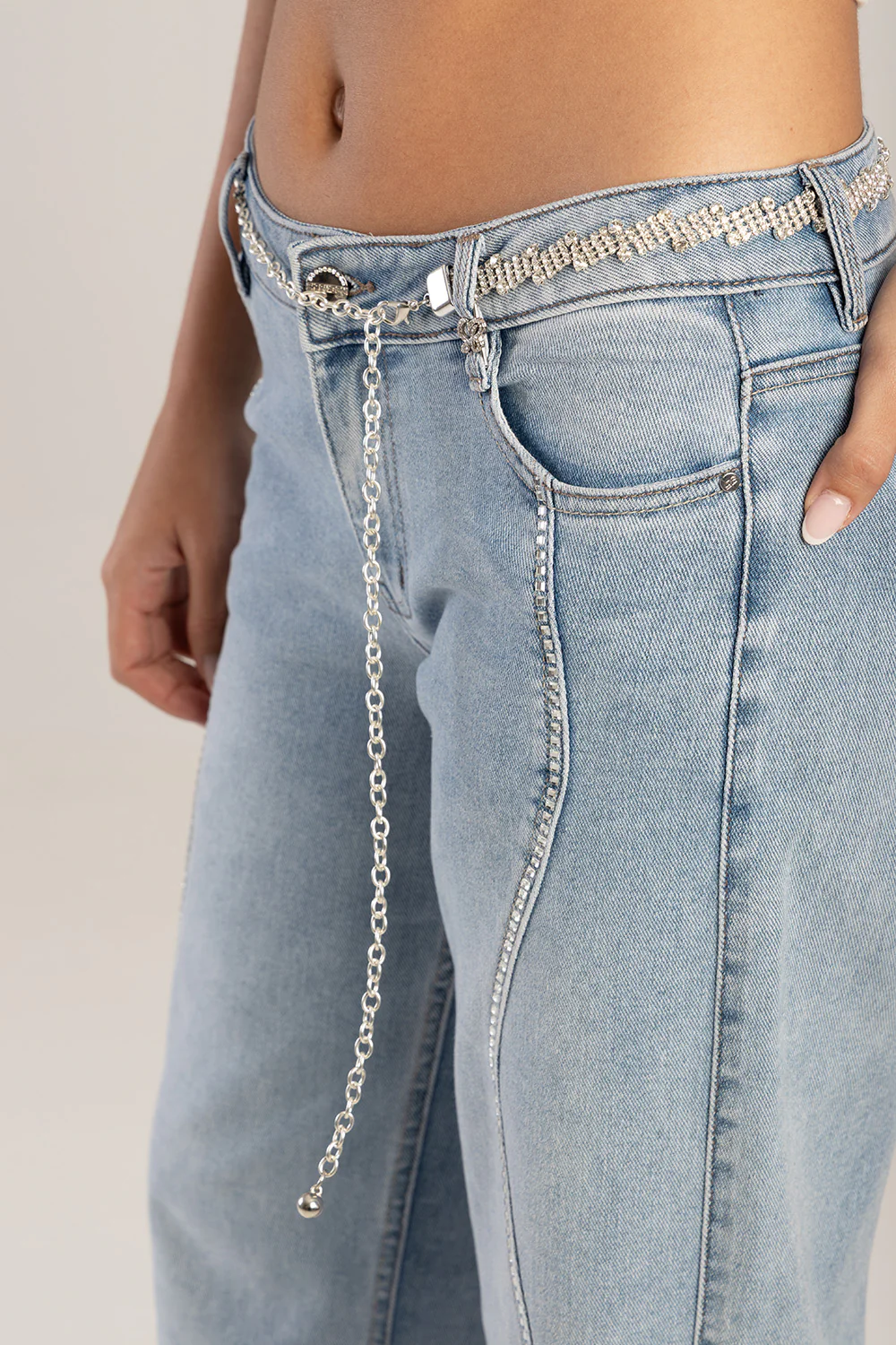 Bling Front Seam Mid Waist Wide Leg Denim - Medium Wash - Image 2