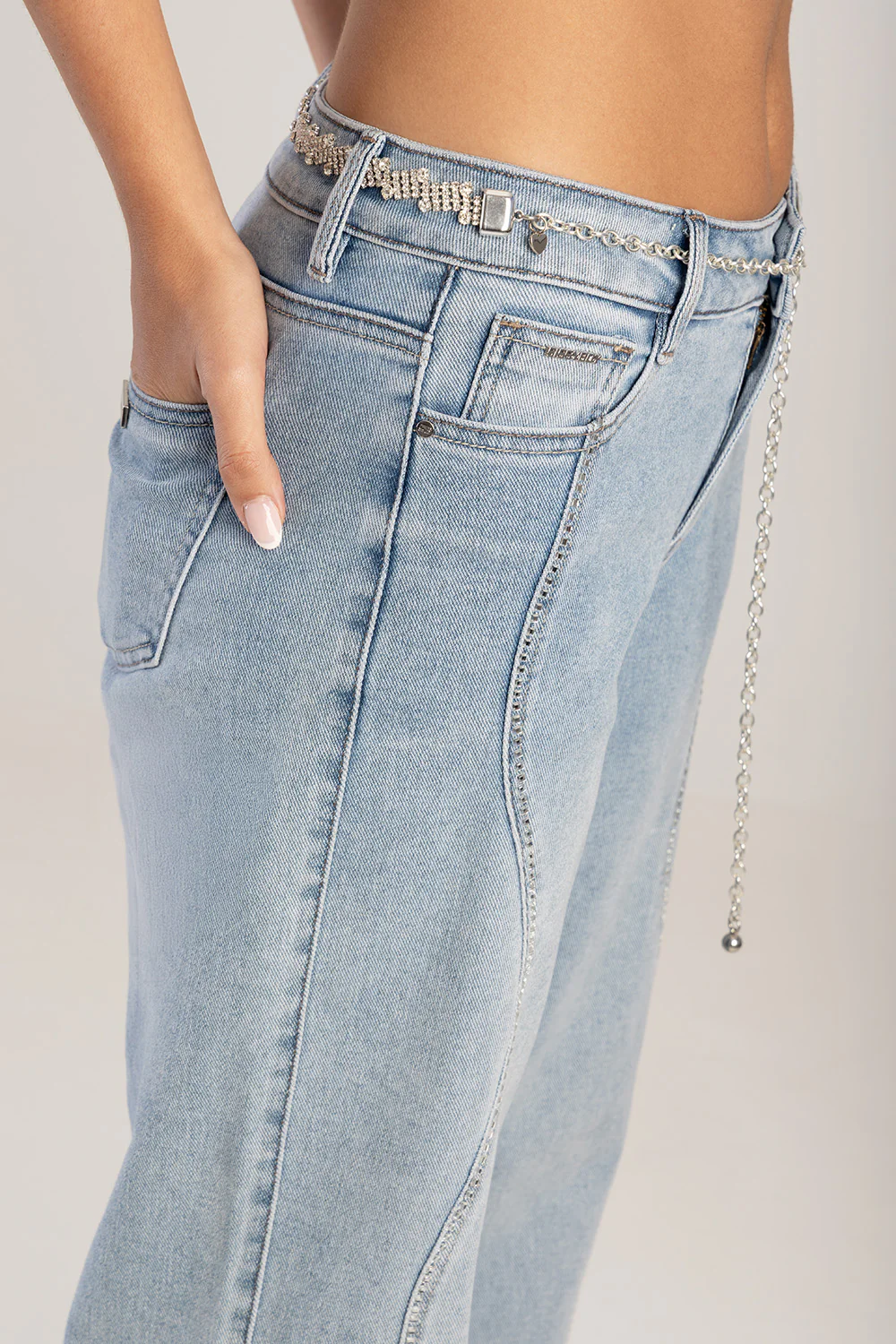 Bling Front Seam Mid Waist Wide Leg Denim - Medium Wash - Image 4