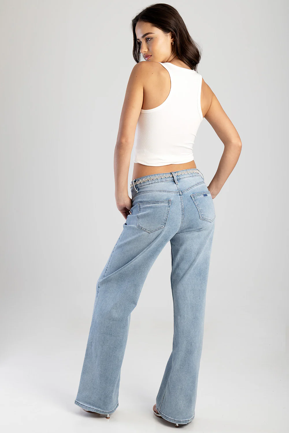 Bling Front Seam Mid Waist Wide Leg Denim - Medium Wash - Image 5