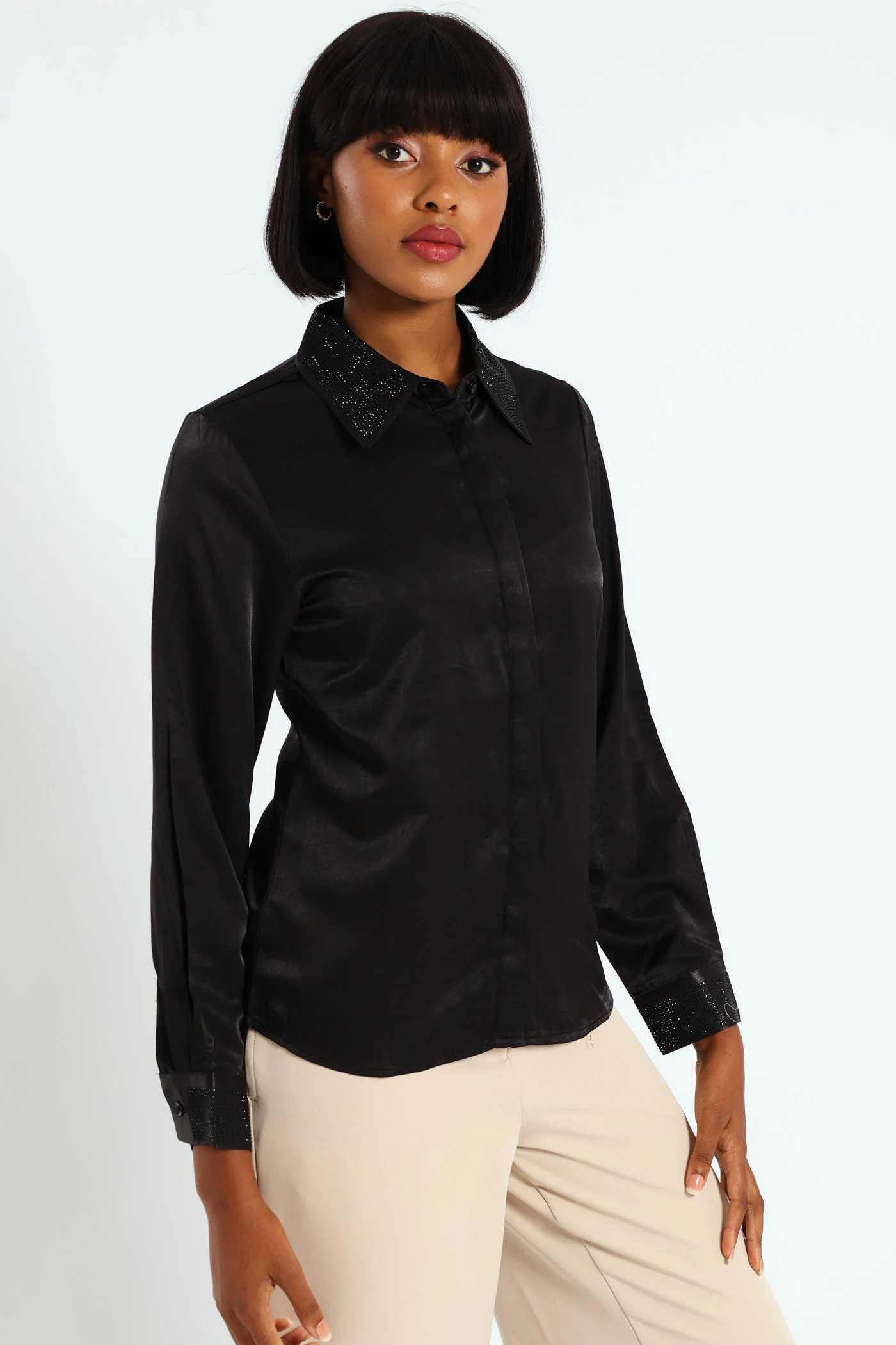 Blinged Satin Shirt - Black - Image 2