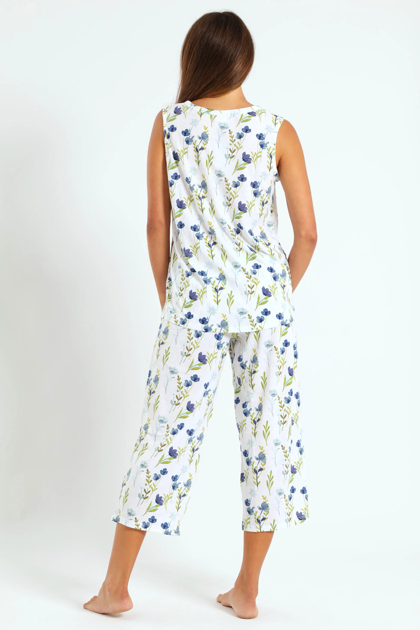 Blue Flower Button Through & Capri Knit Set  - White - Image 2
